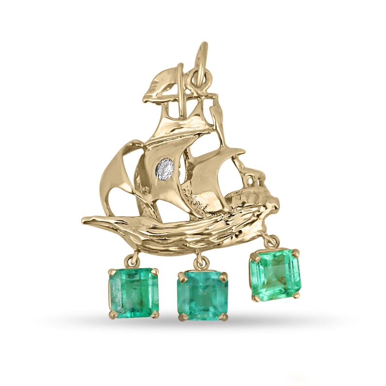 2.95tcw 14K Gold Colombian Emerald & Diamond Pirate Sailor Boat Pendant Necklace - Perfect for Nautical Themed Parties, Beach Vacations & Unique Gifts