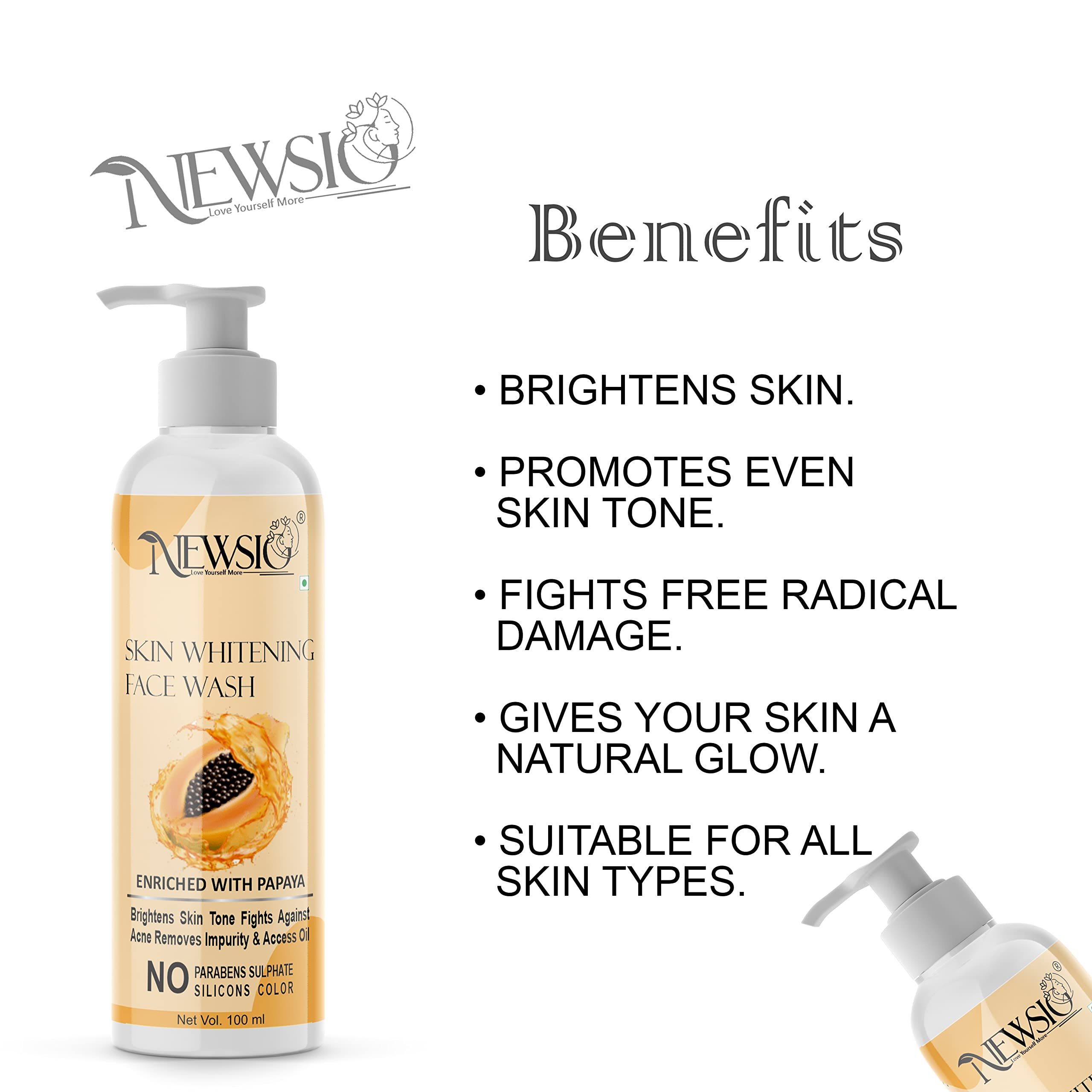 Newsio Organics Skin Whitening Face Wash with Papaya Extracts - Gentle Daily Cleanser for Tan Removal, Pigmentation & Uneven Skin Tone | Brightening Facial Wash for Glowing Complexion | Perfect for Morning & Night Skincare Routine