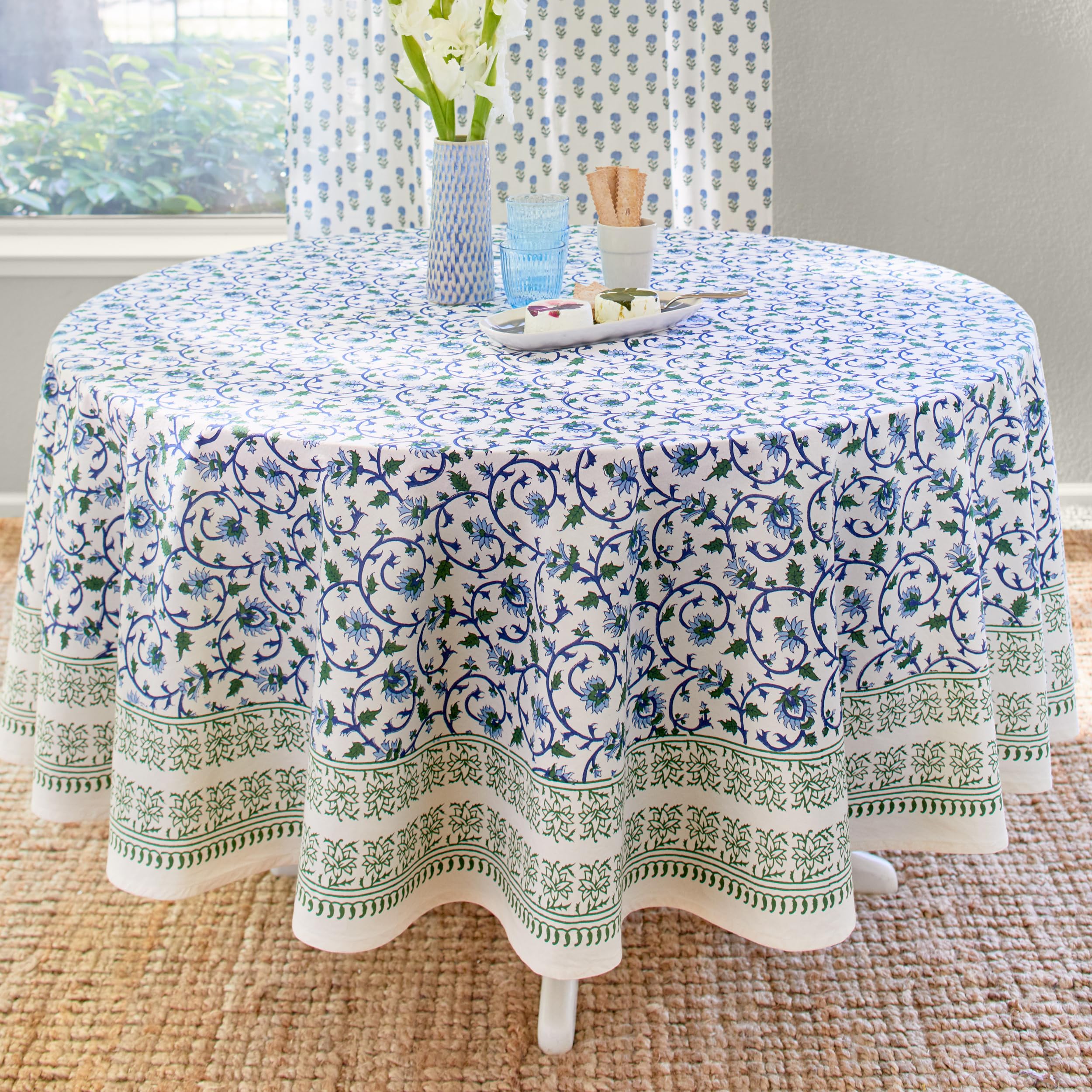Blue Moonlit Taj Round Hand Block Printed Tablecloth - 100% Cotton Washable Luxury Table Cover for Home Decor, Kitchen, Coffee & Dining Tables (70 Inch) - Perfect for Dinner Parties, Boho Decor & Everyday Use