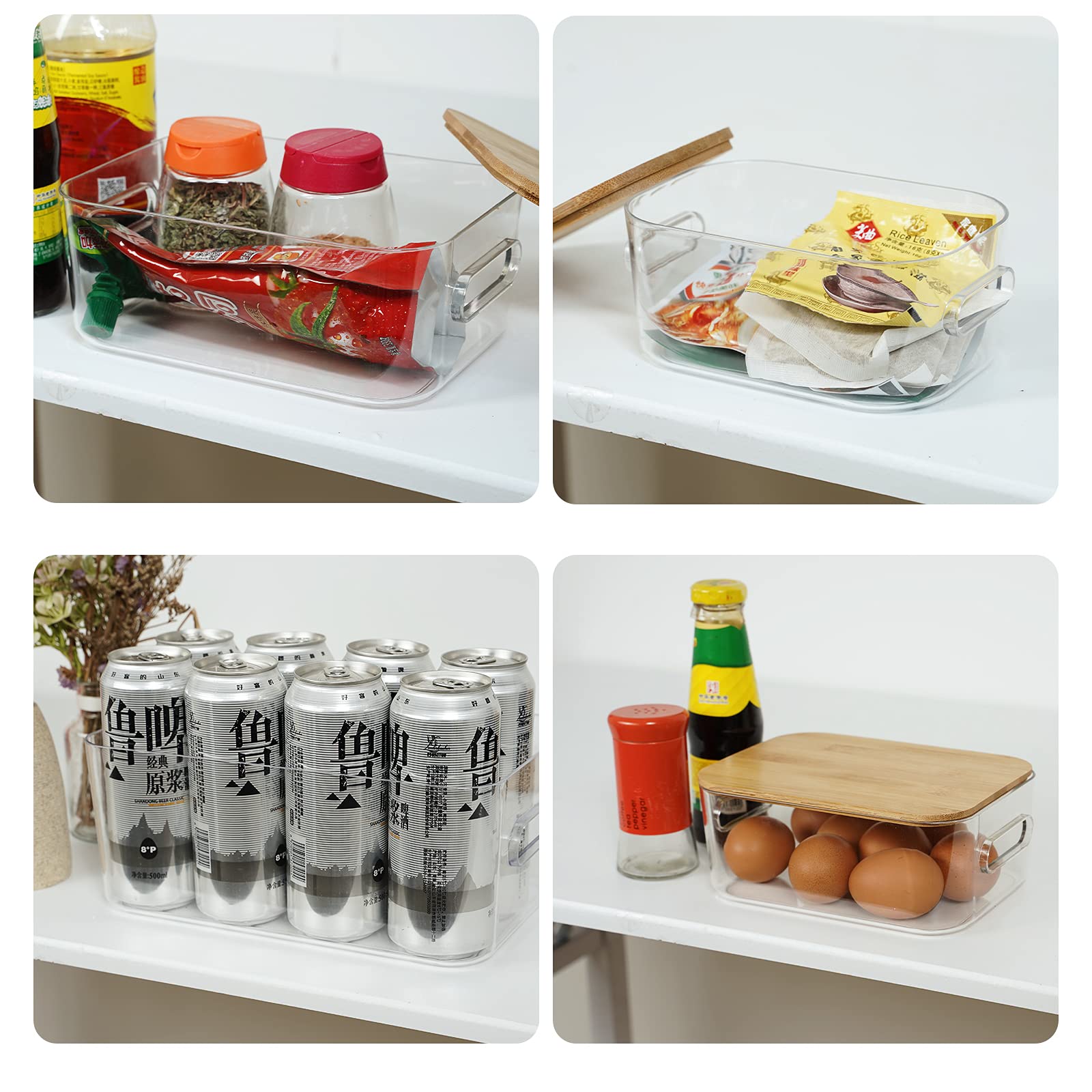 Clear Plastic Storage Organizer Bins with Bamboo Lids - 4 Pack (3 Sizes) for Home Office, Kitchen, Pantry & Craft Rooms | Space-Saving Storage Solution for Shelves, Cupboards & Medicine Cabinets