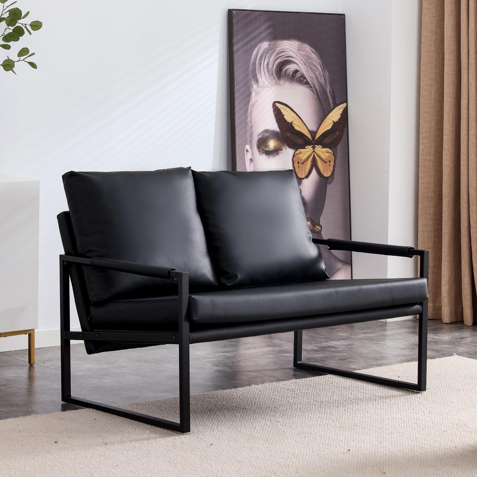 Rustic Faux Leather Loveseat Sofa Bed - Convertible Sleeper Couch for Small Spaces, Guest Room & Apartment with Sturdy Metal Frame & Plush Cushions - Easy Assembly (Black) | Perfect for Studio Apartments, Dorm Rooms & Cozy Living Spaces
