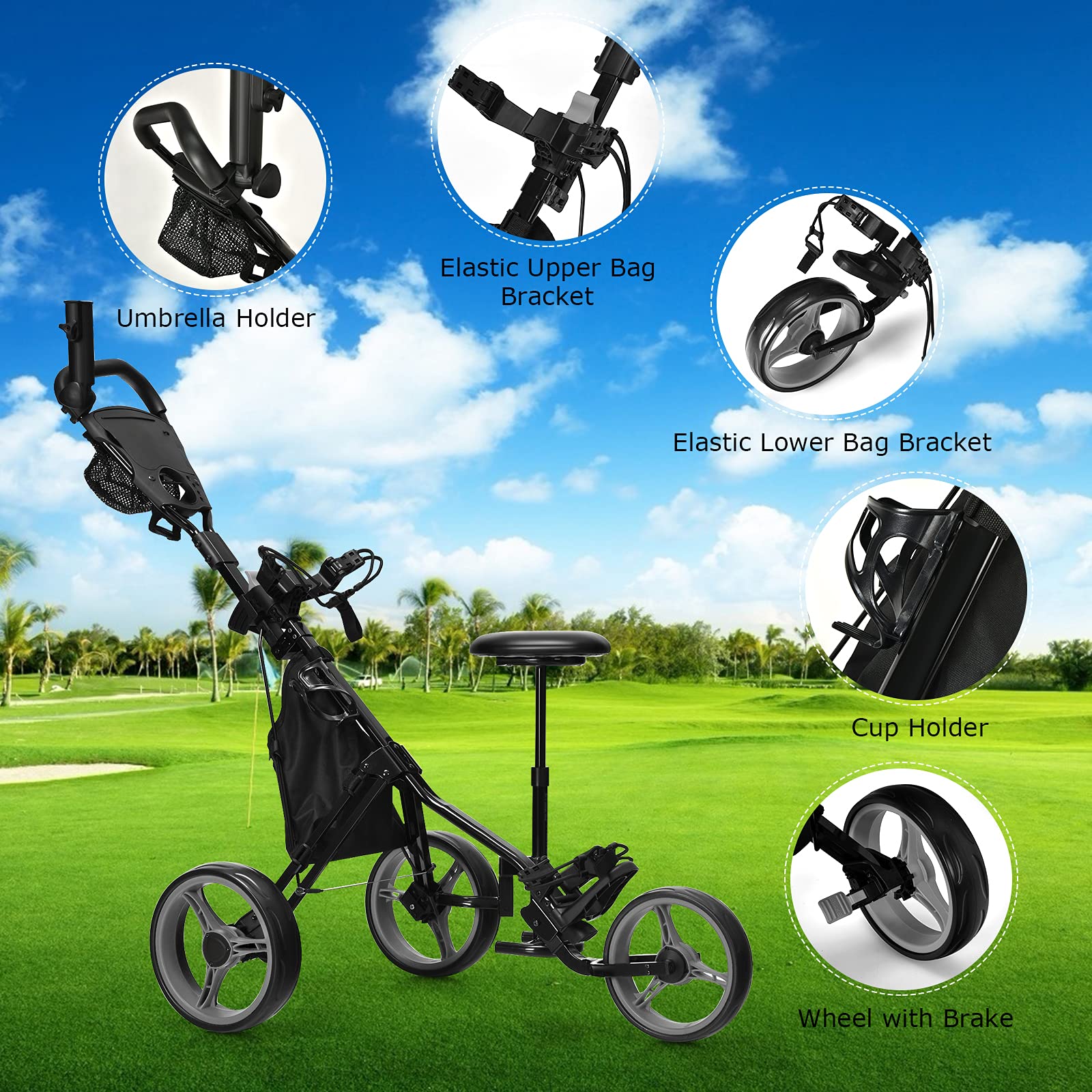 GYMAX Foldable 3-Wheel Golf Push Cart - Adjustable Height Lightweight Golf Trolley with Umbrella Holder, Hydraulic Seat, Storage Bag & Cup Holder | Perfect for Golf Courses, Driving Ranges & Outdoor Practice