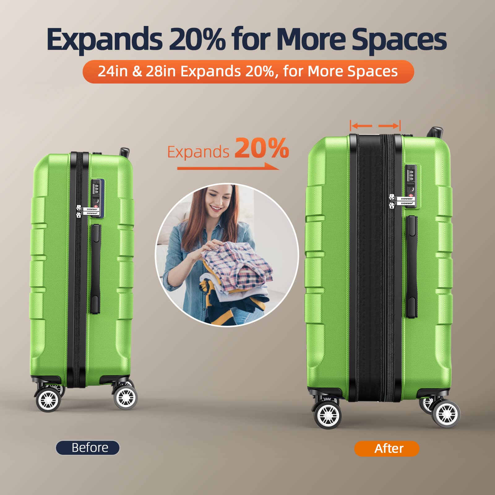 SHOWKOO Expandable 3-Piece Luggage Set - Durable PC+ABS Suitcase with Double Spinner Wheels & TSA Lock (Green) - Perfect for International Travel, Family Vacations & Business Trips