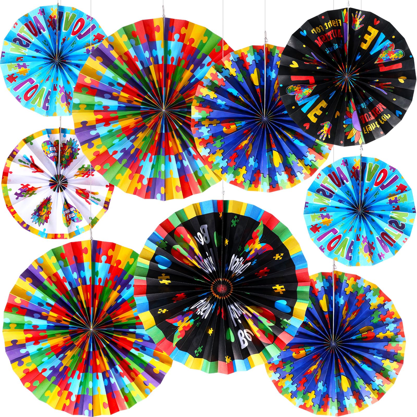 Outus 9-Piece Autism Awareness Hanging Decorations - Colorful Puzzle Paper Fans for Classroom, April Autism Awareness Month Gifts - Perfect for Schools, Offices & Autism Awareness Events