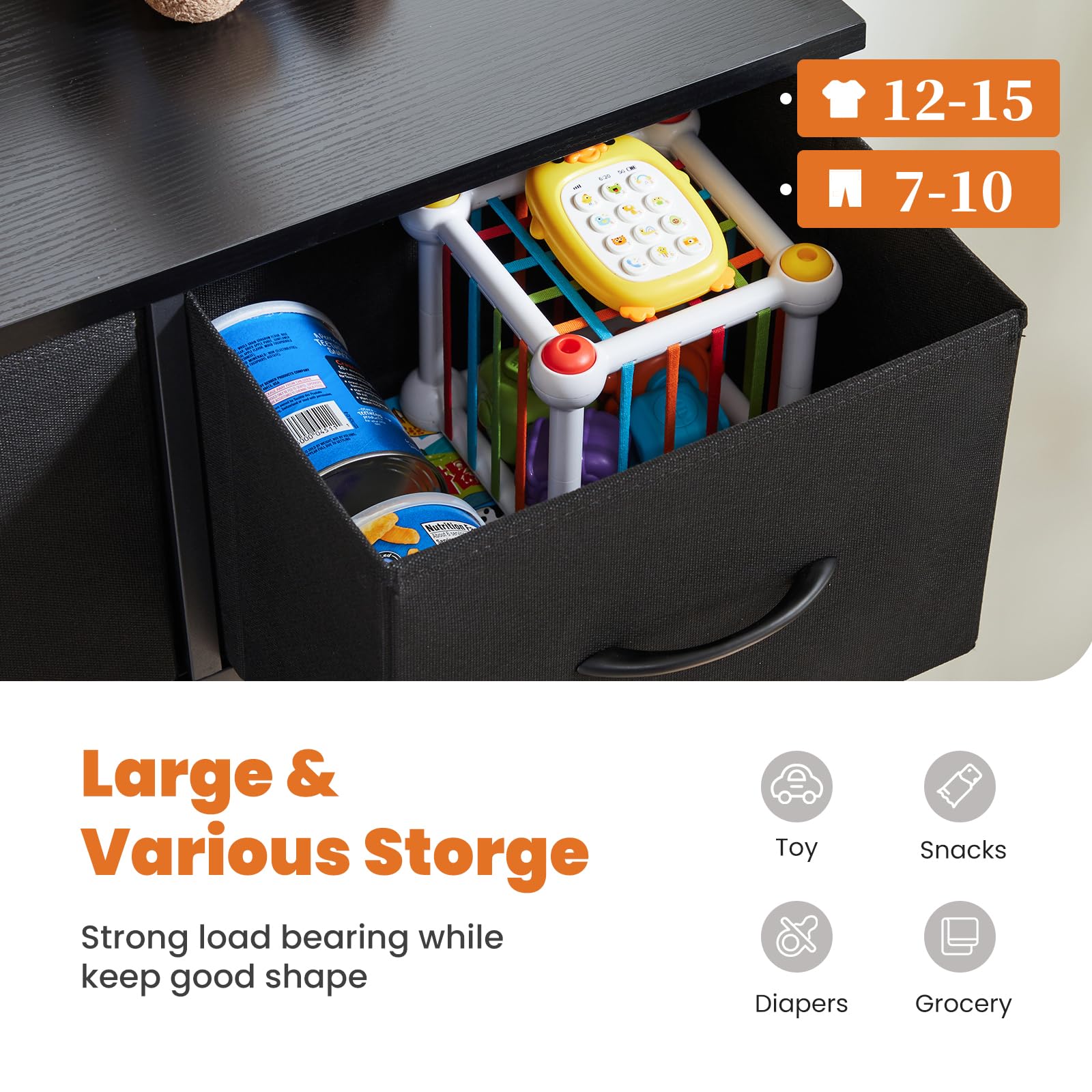 Sweetcrispy 9-Drawer Fabric Dresser for Bedroom - Tall Clothing Storage Organizer with Cabinet, Metal Frame & Wooden Top - Lightweight Nursery Furniture in Black - Perfect for Closet, Kids Room & Small Space Organization