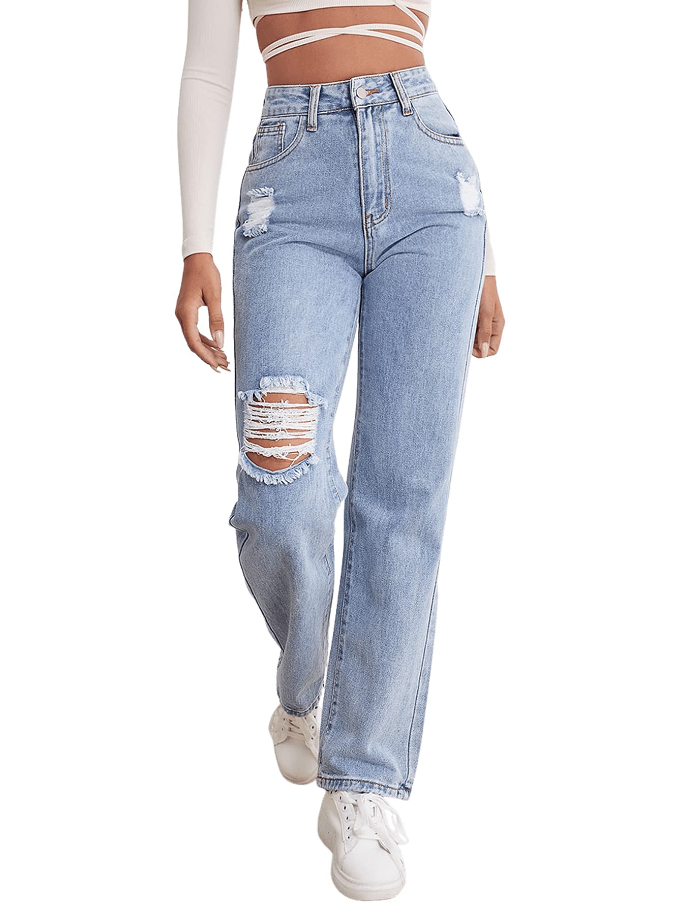 SweatyRocks Women's High Waist Straight Leg Jeans - Ripped Distressed Denim Pants for Casual Wear, Street Style & Everyday Outfits