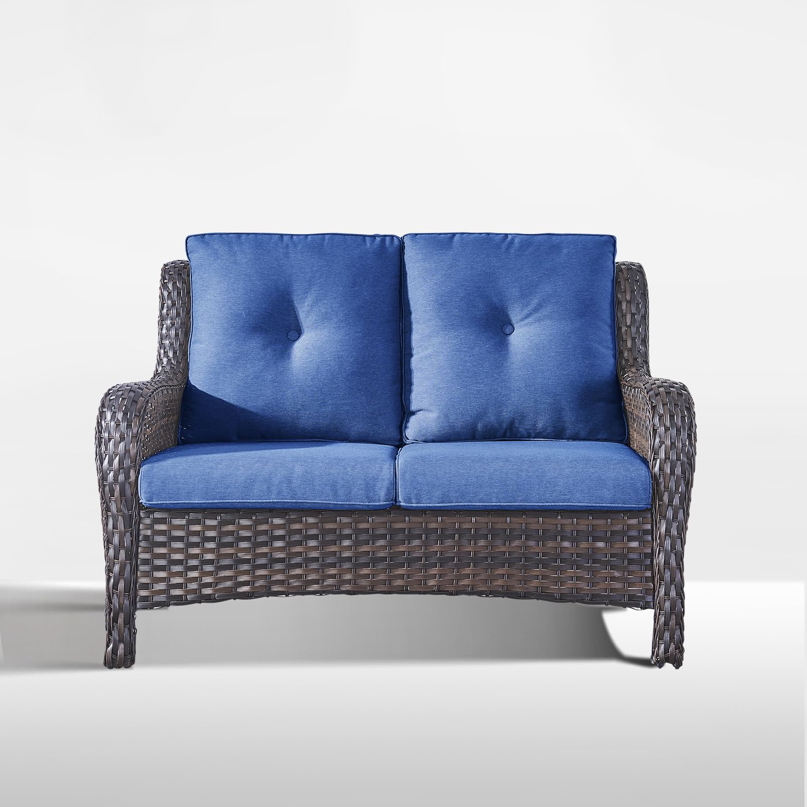 Outdoor Loveseat Sofa - 2 Seater Rattan Wicker Patio Couch with High Back - Brown/Blue - Perfect for Porch, Deck, Backyard, Garden & Outdoor Relaxation