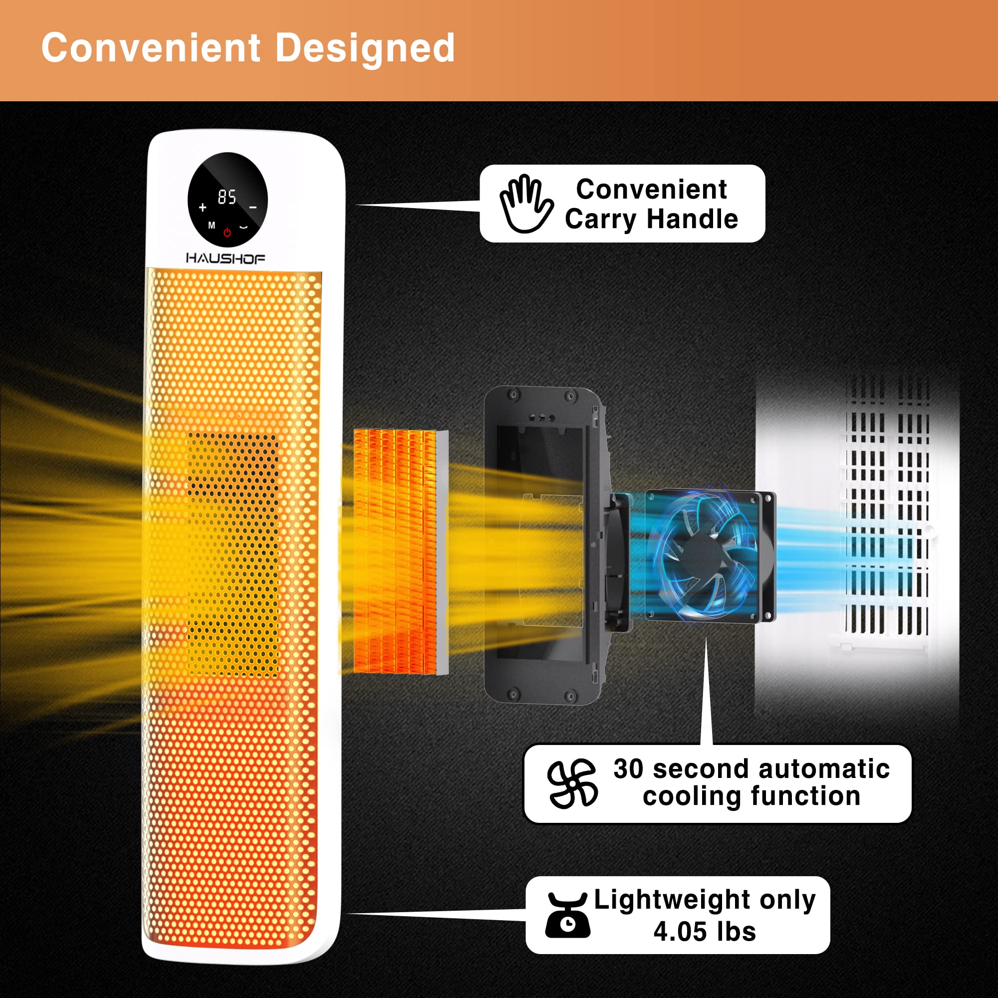 HAUSHOF 1500W Digital Ceramic Tower Space Heater with Touch & Remote Control - 24H Timer, Overheat Protection - Perfect for Home, Office & Bedroom Use