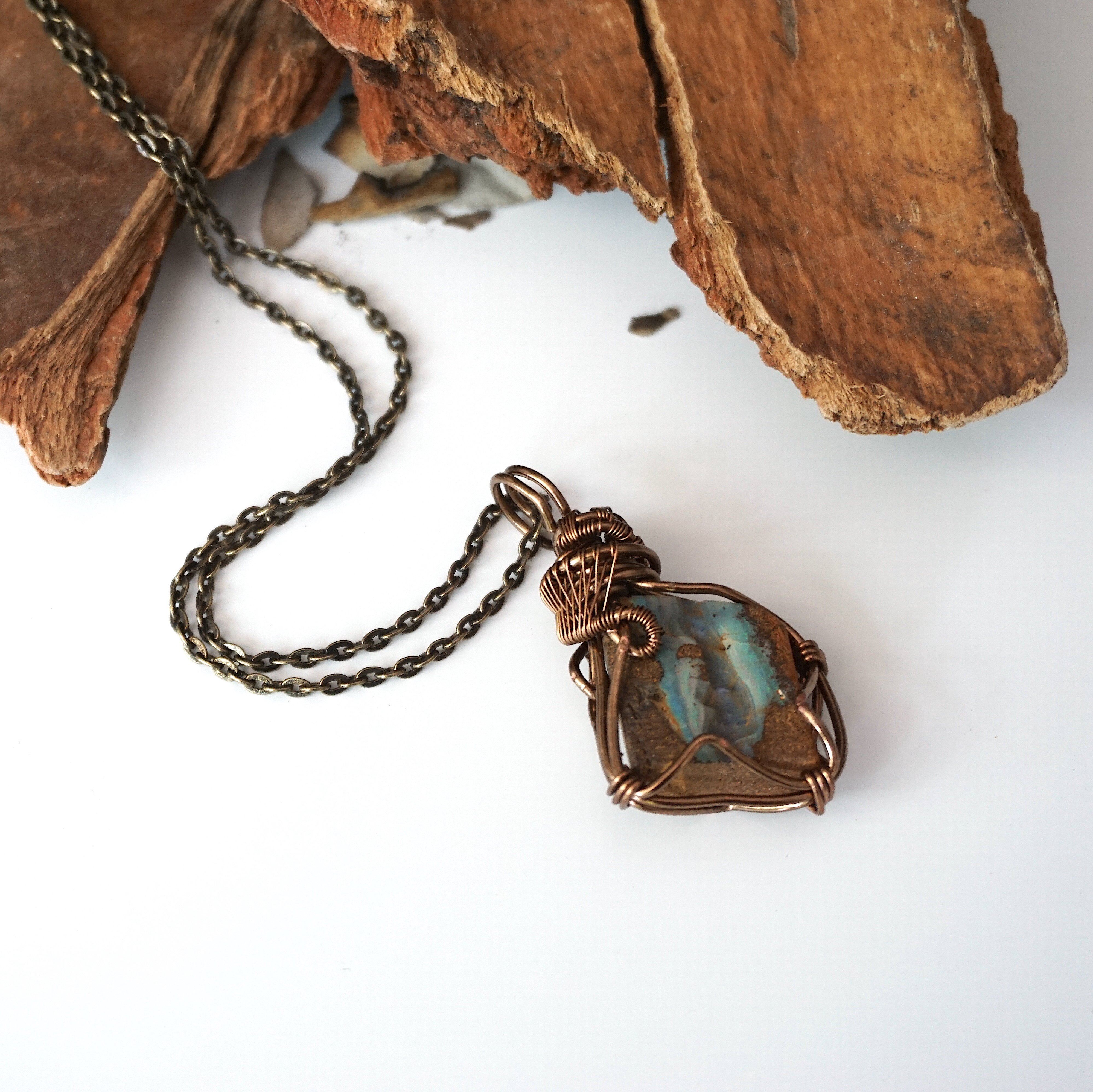 Blue Boulder Opal Pendant Necklace in Antique Brass - Elegant Bohemian Jewelry for Women, Perfect for Weddings, Parties & Everyday Wear