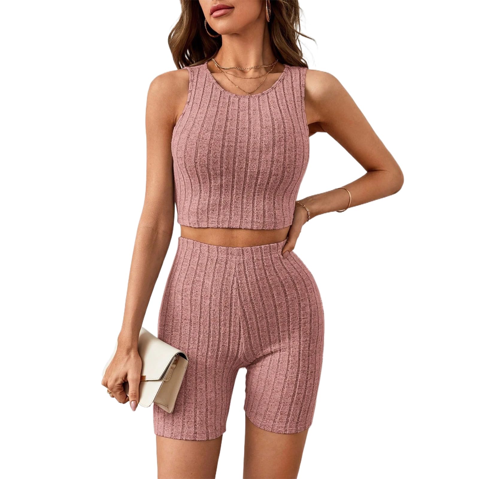 HBER Women's 2 Piece Outfits Set - Sleeveless Ribbed Knit Tank Top & Biker Shorts Matching Tracksuit | Gym Workout, Yoga, Running & Casual Wear