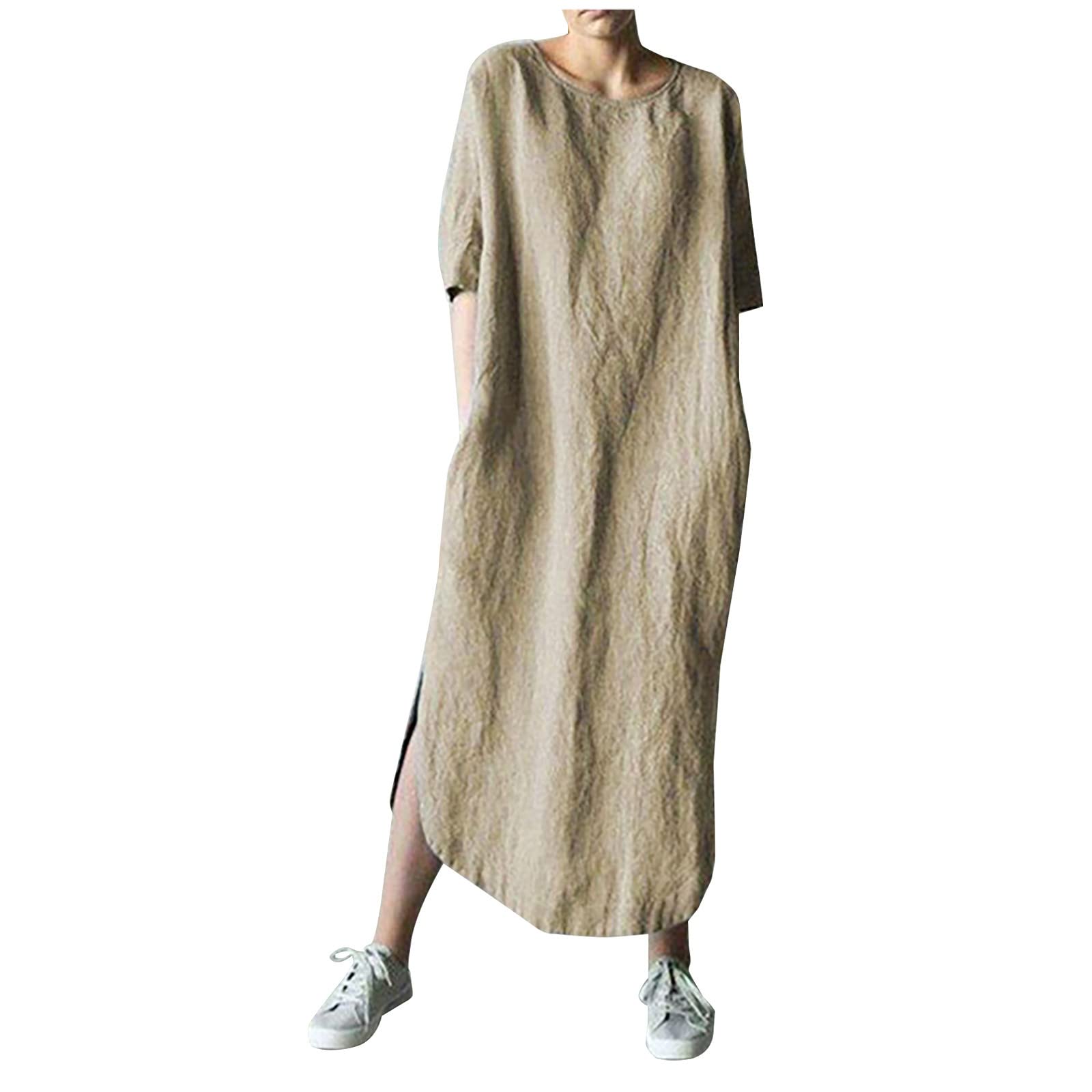 Women's Summer Cotton Linen Maxi Dress - 3/4 Sleeve Round Neck Shirt Dress with Pockets & Side Slit | Casual Boho Solid Color Dress for Beach, Vacation & Everyday Wear