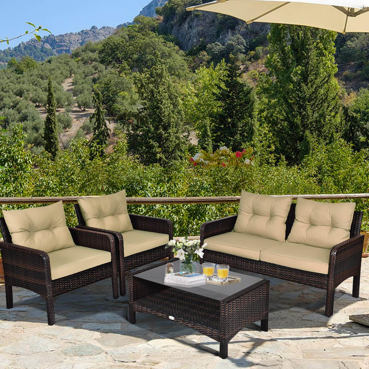 **HAPPYGRILL 4-Piece Outdoor Patio Furniture Set - Rattan Wicker Sofa with Cushions, Coffee Table with Tempered Glass Top & Storage Shelf - Perfect for Garden, Poolside, and Backyard Relaxation**