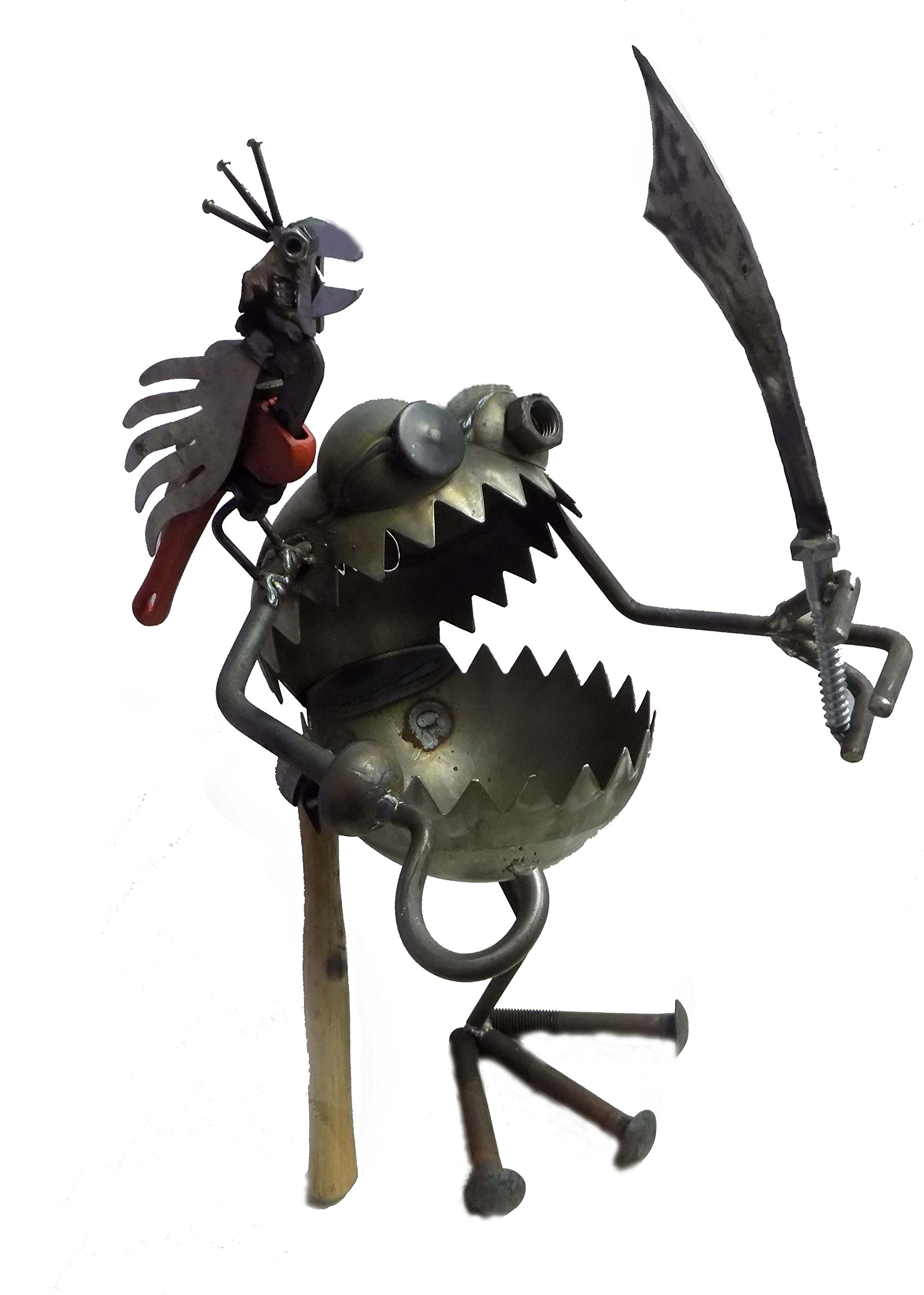 Handmade Welded Metal Art - Giant One-Legged Pirate with Parrot Statue for Garden Decor | Unique Outdoor Yard Ornament for Halloween & Pirate Themed Parties