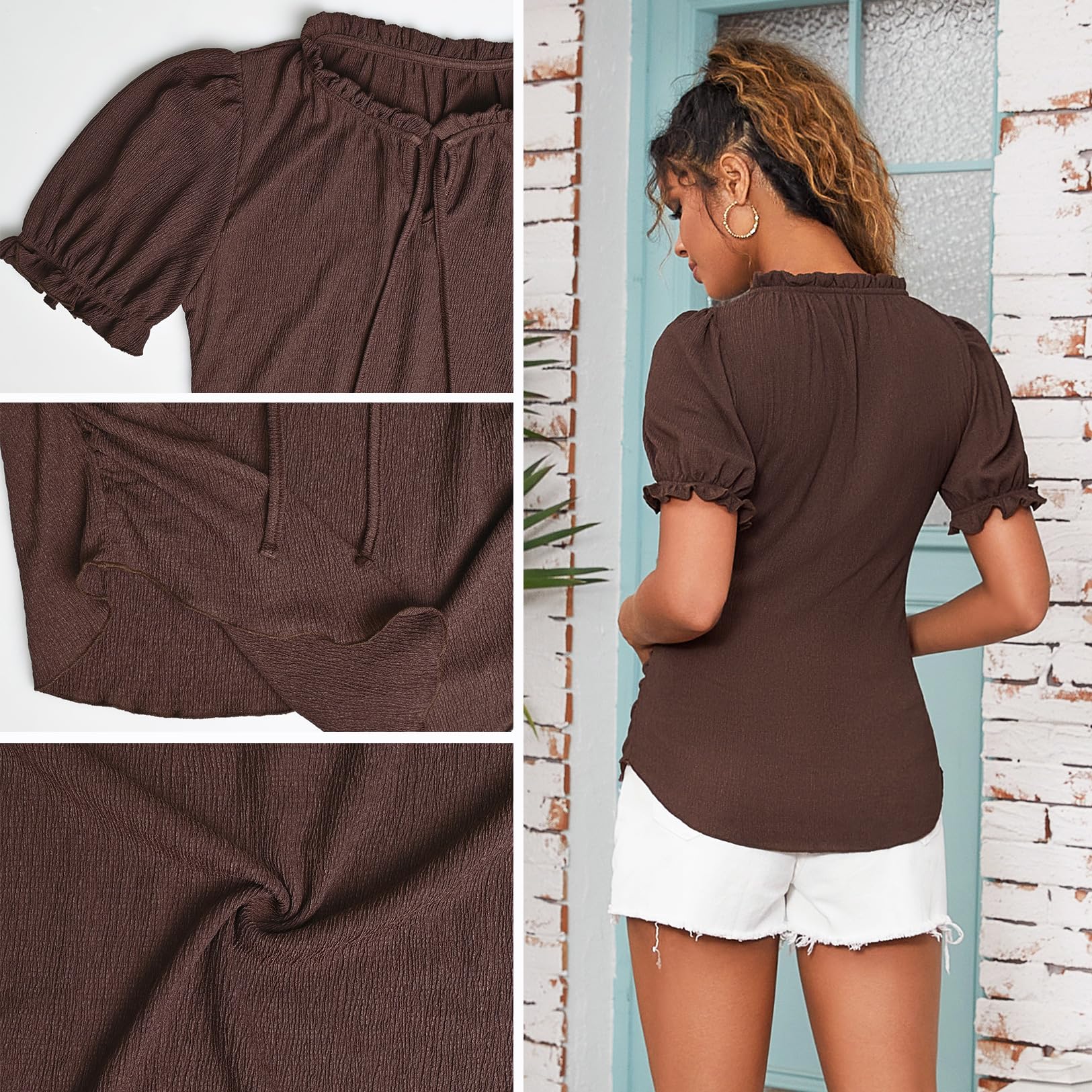 DEBELLY Maternity Blouse - Ruffled Short Puff Sleeve Textured Pregnancy Shirt for Women with Notch Neck & Strap Detail | Perfect for Maternity Photos, Baby Showers & Nursing Comfort