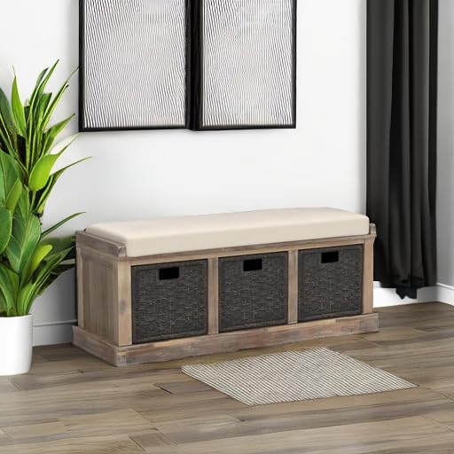 Merax Fully Assembled Entryway Storage Bench with 3 Removable Baskets & Cushion - Shoe Organizer for Hallway, Living Room - Perfect for Small Space Organization & Home Decor