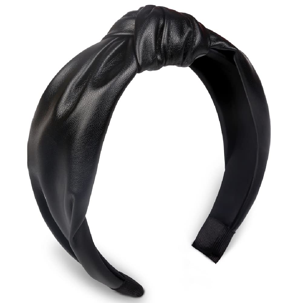 Huachi Women's Black Leather Knotted Headband - Stylish Top Knot Hair Accessory for Girls & Women | Perfect for Workouts, Yoga, and Everyday Fashion