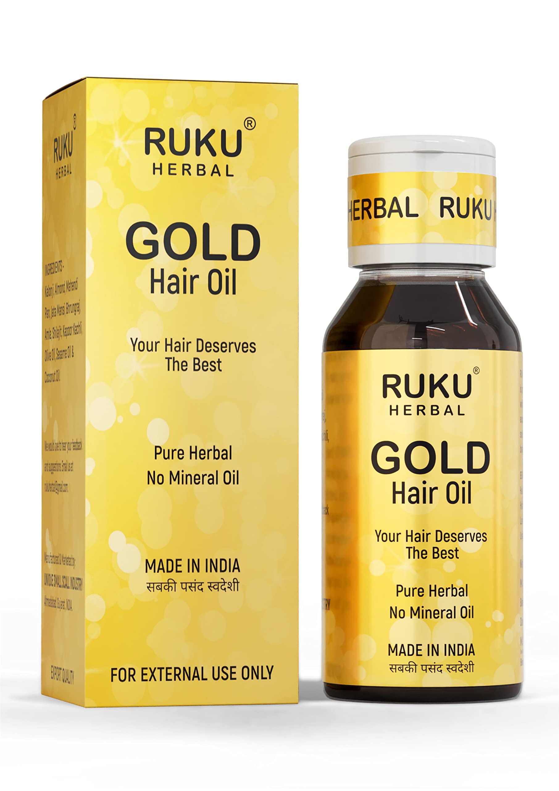 RUKU Herbal Gold Hair Oil 60ml - Natural Hair Growth Treatment for Thinning, Dry & Damaged Hair - Promotes Stronger, Longer & Healthier Locks - Perfect for Daily Scalp Massage & Hair Care Routine