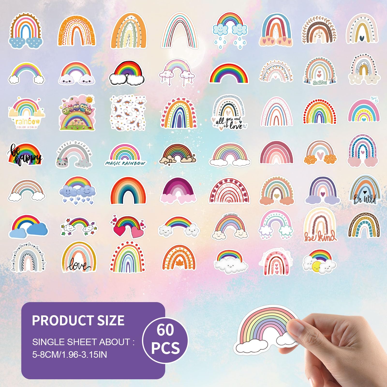60 Pcs Rainbow Stickers - Colorful Waterproof Vinyl Decals for Water Bottles, Laptop, Luggage, Skateboard & Scrapbooking | Boho Aesthetic Stickers for Kids, Tablet, Cup & Notebook | Perfect for DIY Crafts, School Supplies & Personalizing Belongings