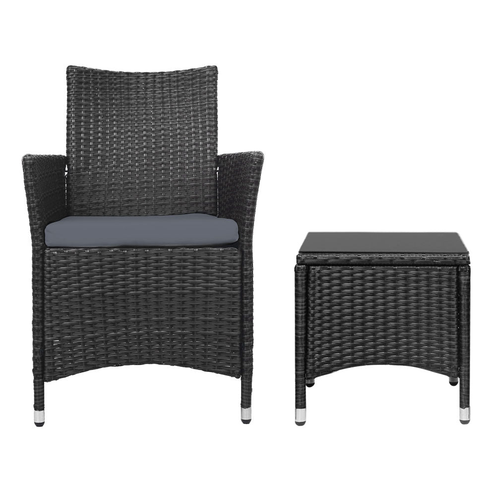 3-Piece Outdoor Bistro Set - All Black Wicker Patio Furniture with Cushions - Perfect for Garden, Balcony & Backyard Dining