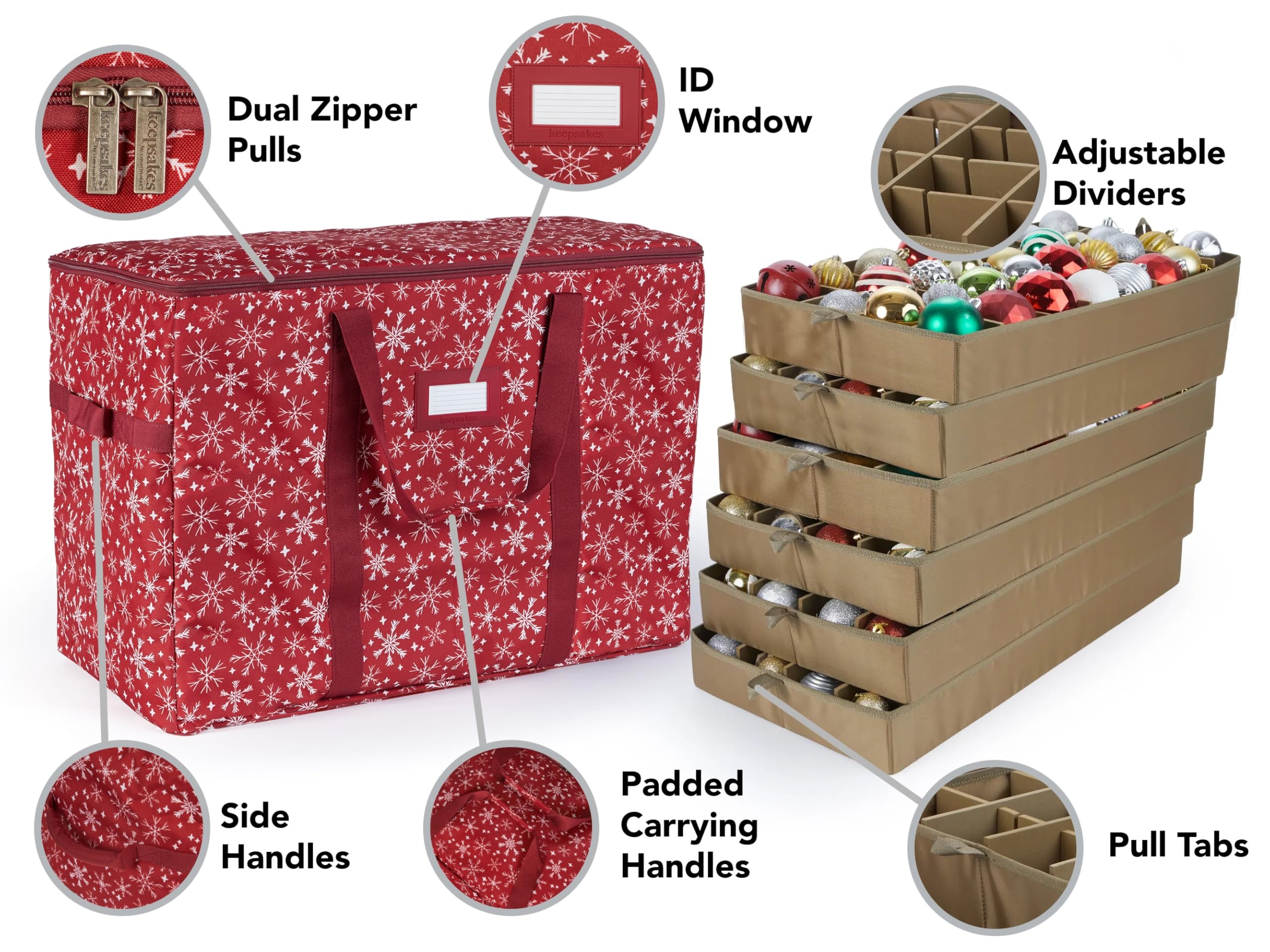 Covermates Keepsakes Adjustable Ornament Storage Bag with Carrying Handles & Padded Protection - Holiday Decoration Organizer for Christmas Tree Ornaments (Red Snowflake Design) - Perfect for Seasonal Storage & Home Organization