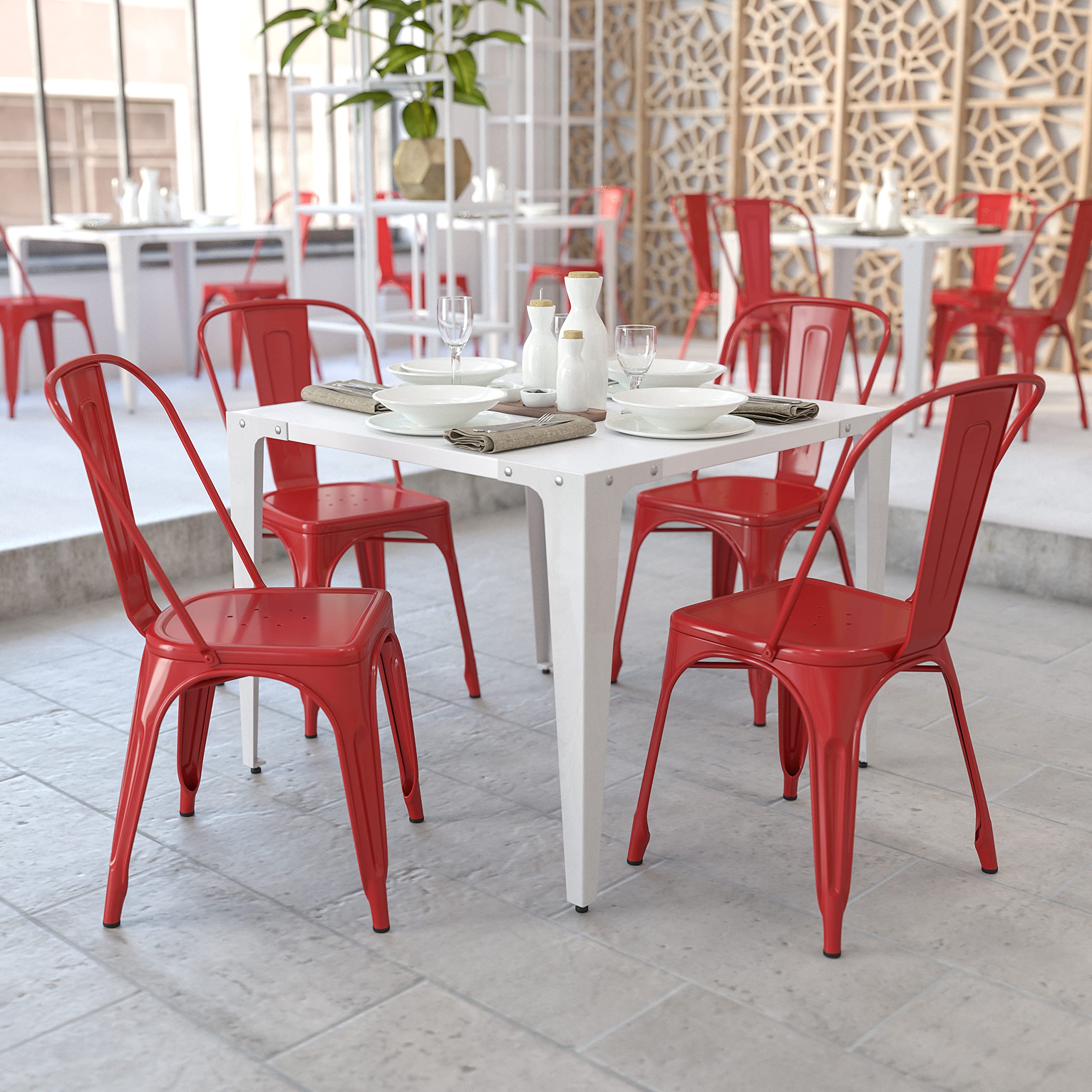 Emma & Oliver 4-Pack Red Metal Stackable Indoor Outdoor Chairs - Durable Bistro & Restaurant Dining Chairs for Patio, Cafe, Garden & Home Decor