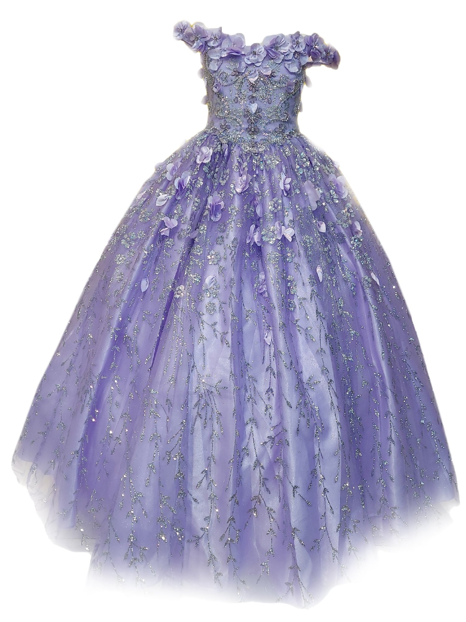 Lilac Rhinestone Flower Applique Off-Shoulder Ball Gown for Girls Size 8-16 | Formal Dresses for Prom, Pageant & Special Occasions