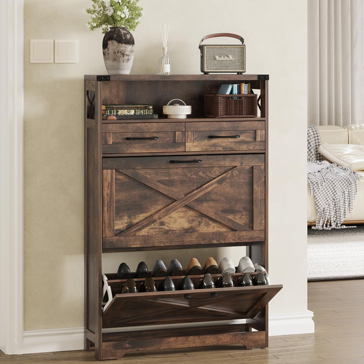 Farmhouse Shoe Storage Cabinet with 2 Flip Drawers & 2 Drawers - Rustic Brown Entryway Organizer for Shoes, Boots & Accessories | Perfect for Small Spaces, Hallway, Front Door & Apartment Entry Storage