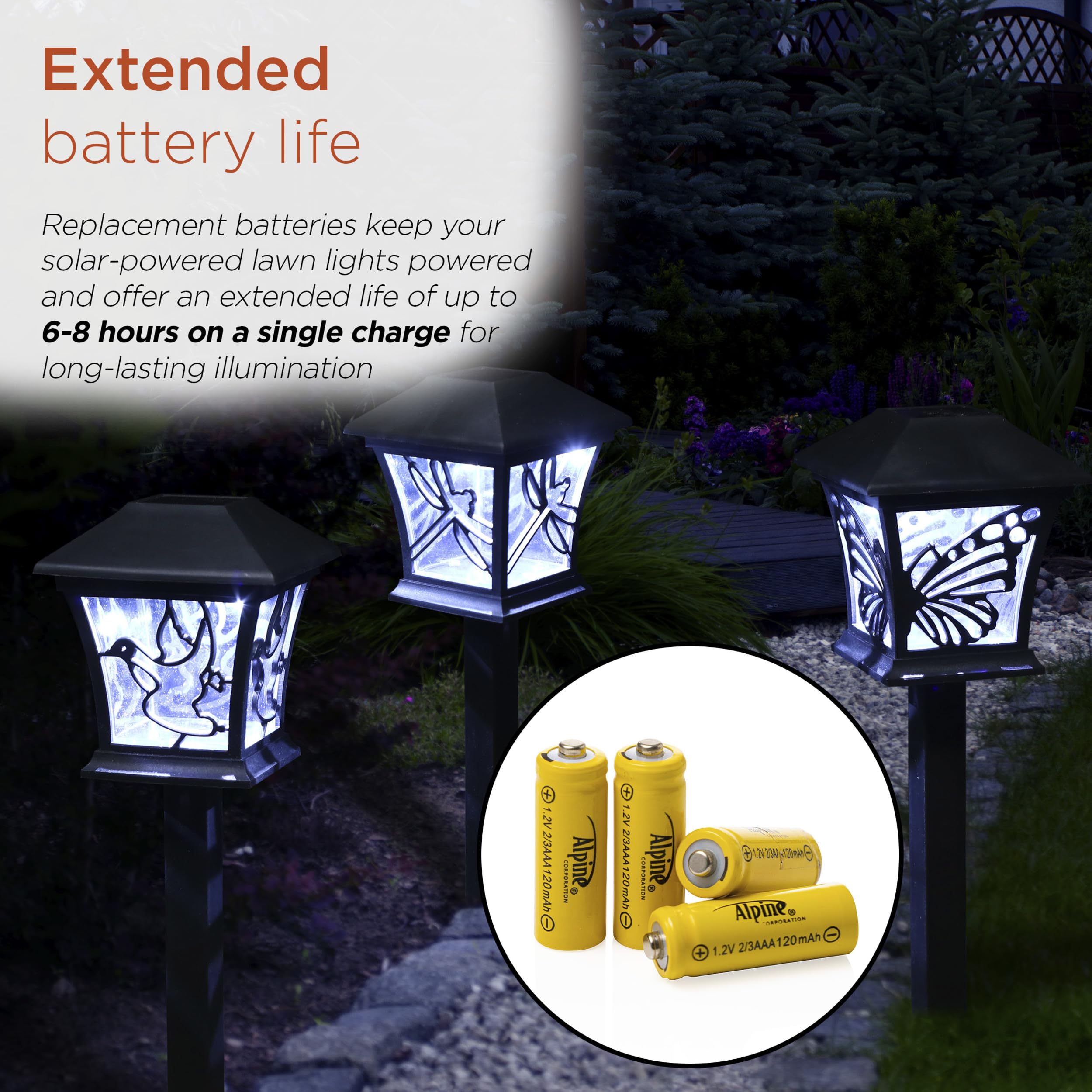 Alpine Corporation 2/3 AAA Ni-CD Solar Rechargeable Replacement Batteries for Solar Garden Lights - 4 Pack | Perfect for Outdoor Solar-Powered Pathway & Landscape Lighting