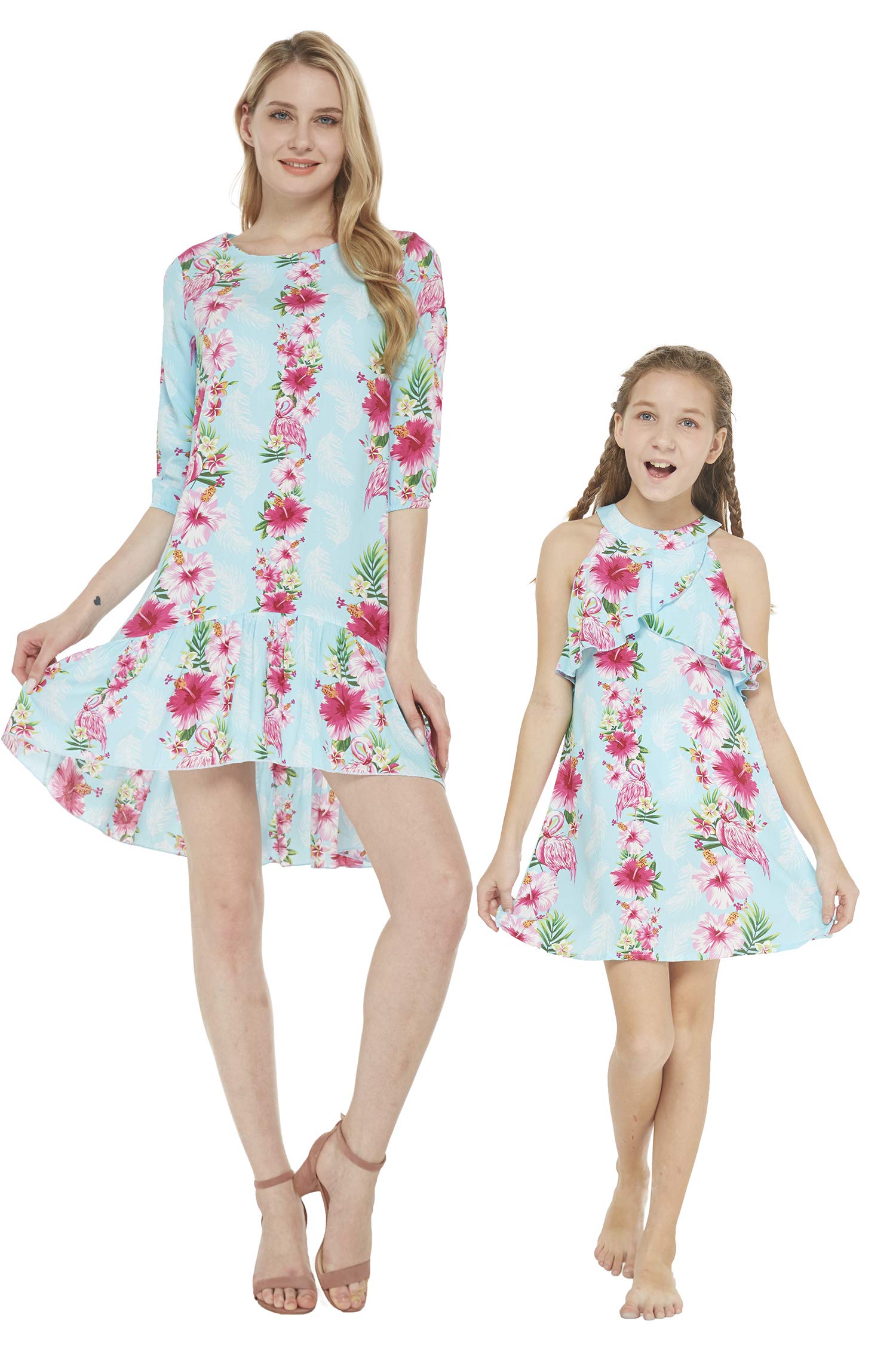 Hawaiian Luau Mother Daughter Matching 3/4 Sleeve Mermaid Ruffle Dress - Pink & Black Hibiscus Vine Print - Beach Party, Family Reunion, Summer Vacation Outfits