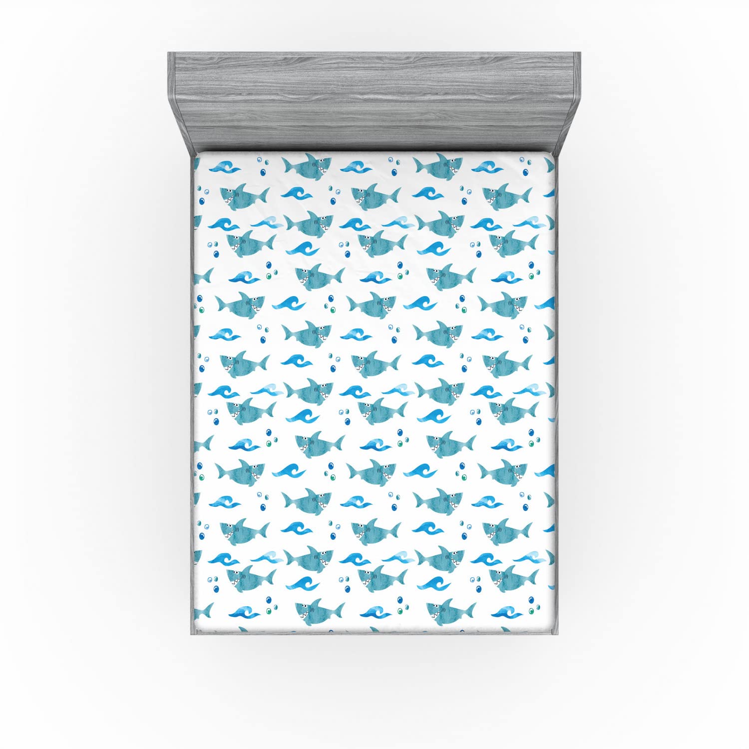 Ambesonne Shark Fitted Sheet - Queen Size Watercolor Ocean Animal Print with Silly Expressions, Bubbles & Waves - Deep Pocket All-Around Elastic Bed Cover in Pale Blue & White | Perfect for Kids' Rooms, Beach Themed Bedrooms & Shark Lovers
