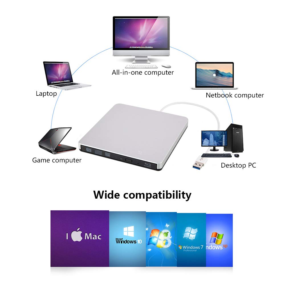 USB 3.0 External Blu Ray Drive - Portable DVD/CD Writer & 3D Blu-Ray Player Burner for PC, Laptop, Mac | Watch Movies, Burn Discs, Backup Data, Install Software
