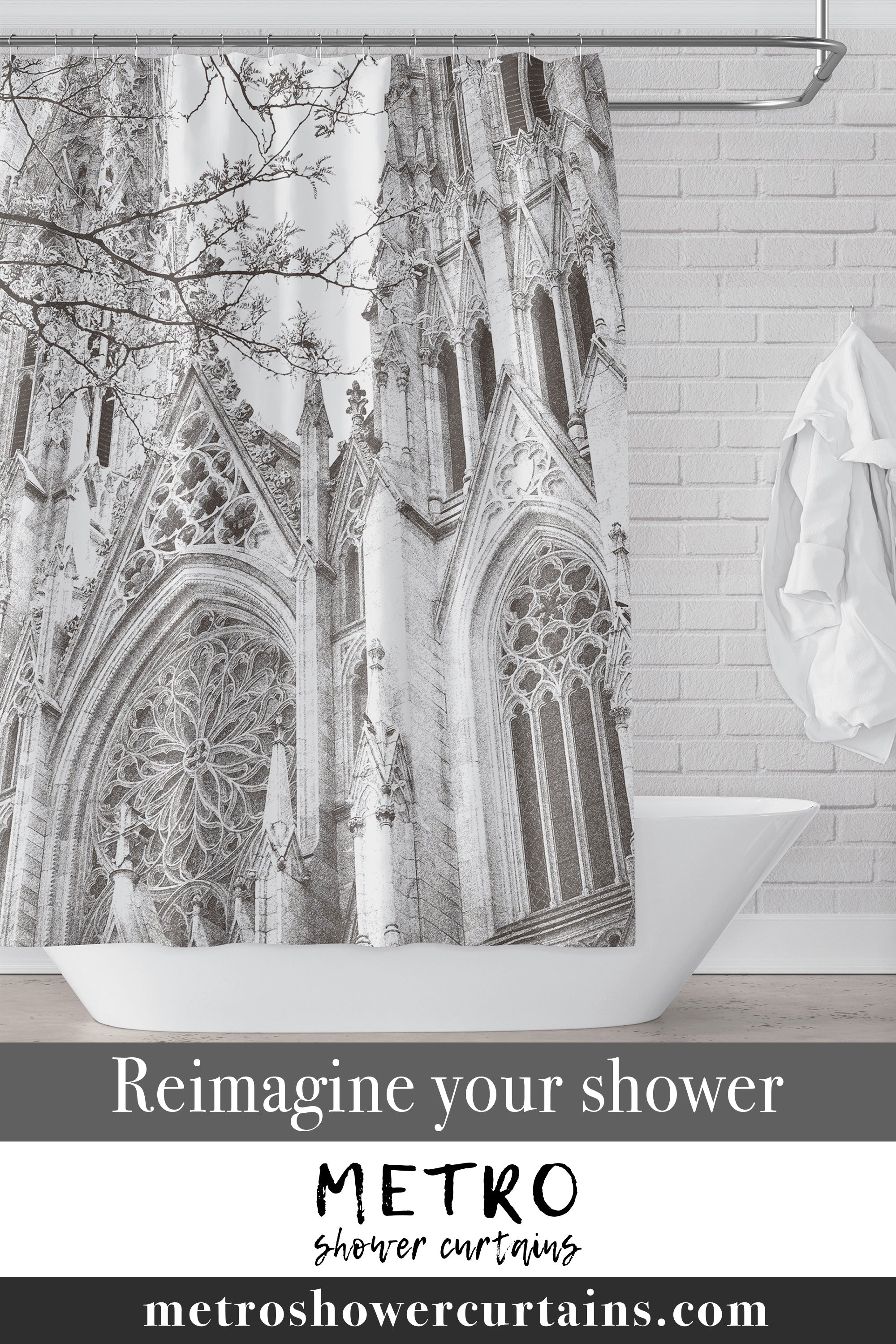New York Cityscape Saint Patrick's Cathedral Shower Curtain - Neutral Gray & White Waterproof Bathroom Decor for Modern Homes