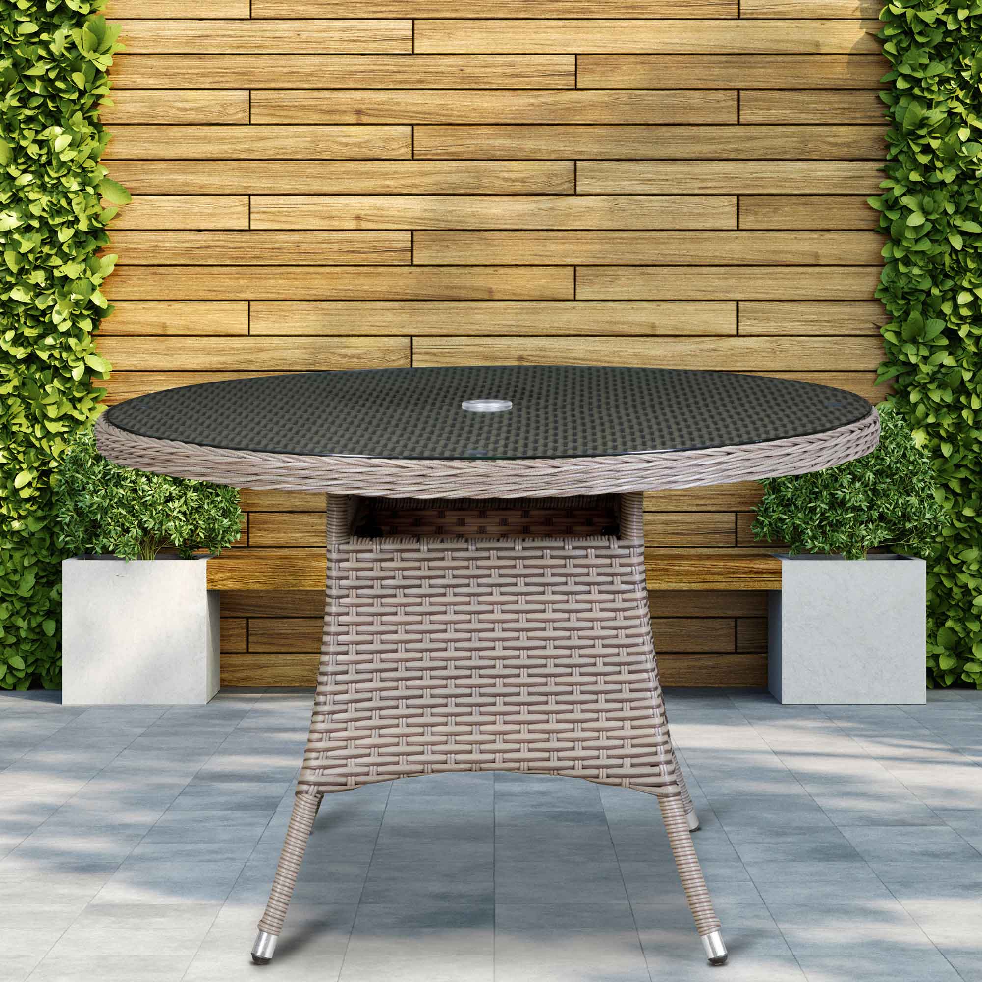 Premium Chester Rattan Wicker Outdoor Dining Table with Tempered Glass Top - Weather-Resistant Brown Patio Furniture (DG66) | Perfect for Garden, Poolside & Backyard Entertaining