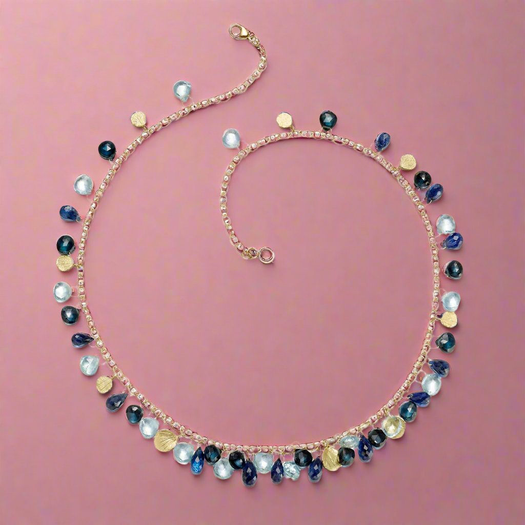 Blue Multi Gemstone Briolette & Petal Necklace - Elegant Handmade Jewelry for Women - Perfect for Weddings, Parties & Special Occasions