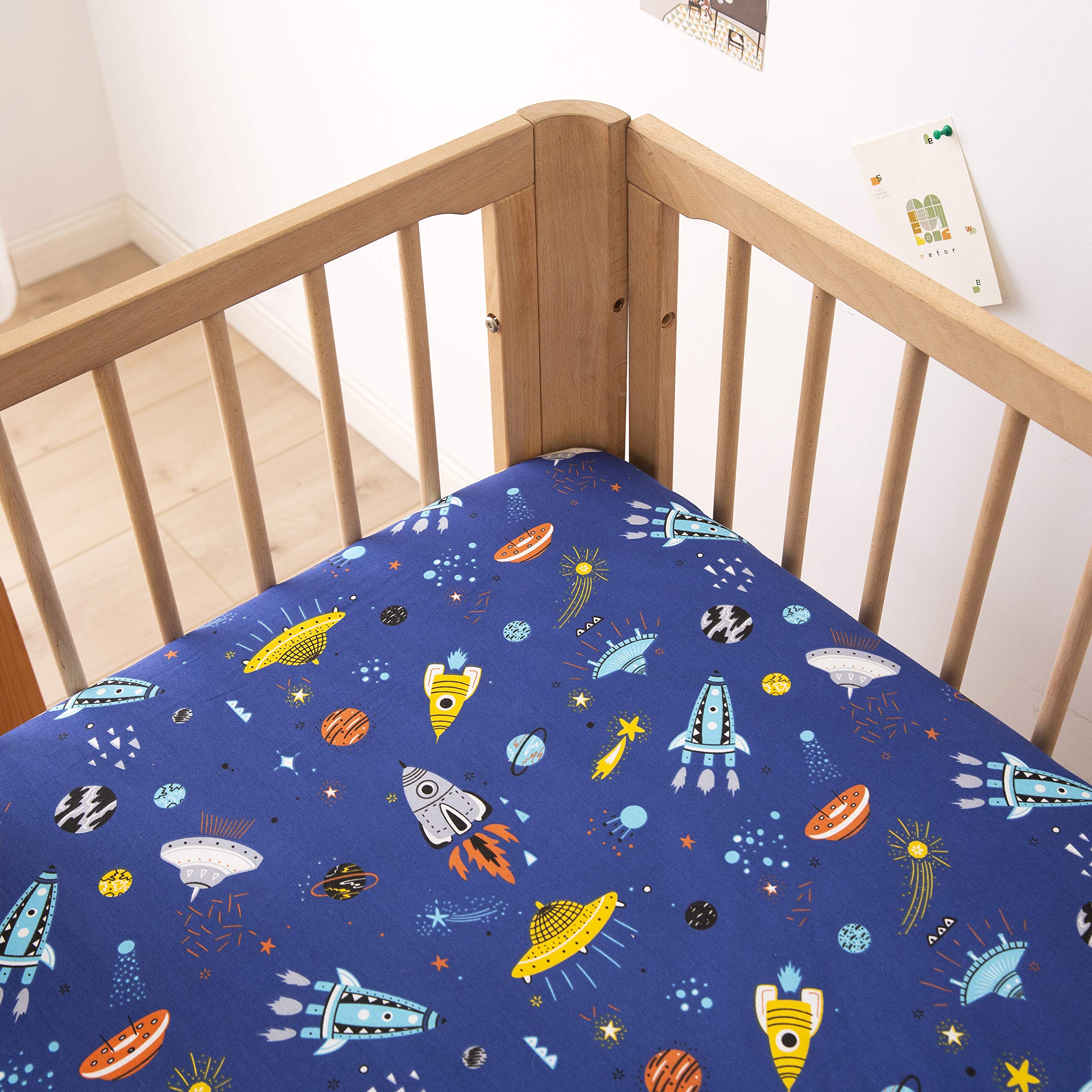 Brandream 2-Pack Baby Boys Crib Sheet Sets - 100% Cotton Fitted Crib Sheets with Outer Space, Rocket & Planet Galaxy Theme (Navy/White) for Newborn & Infant - Soft, Breathable Nursery Bedding for Safe Sleep & Nursery Decor