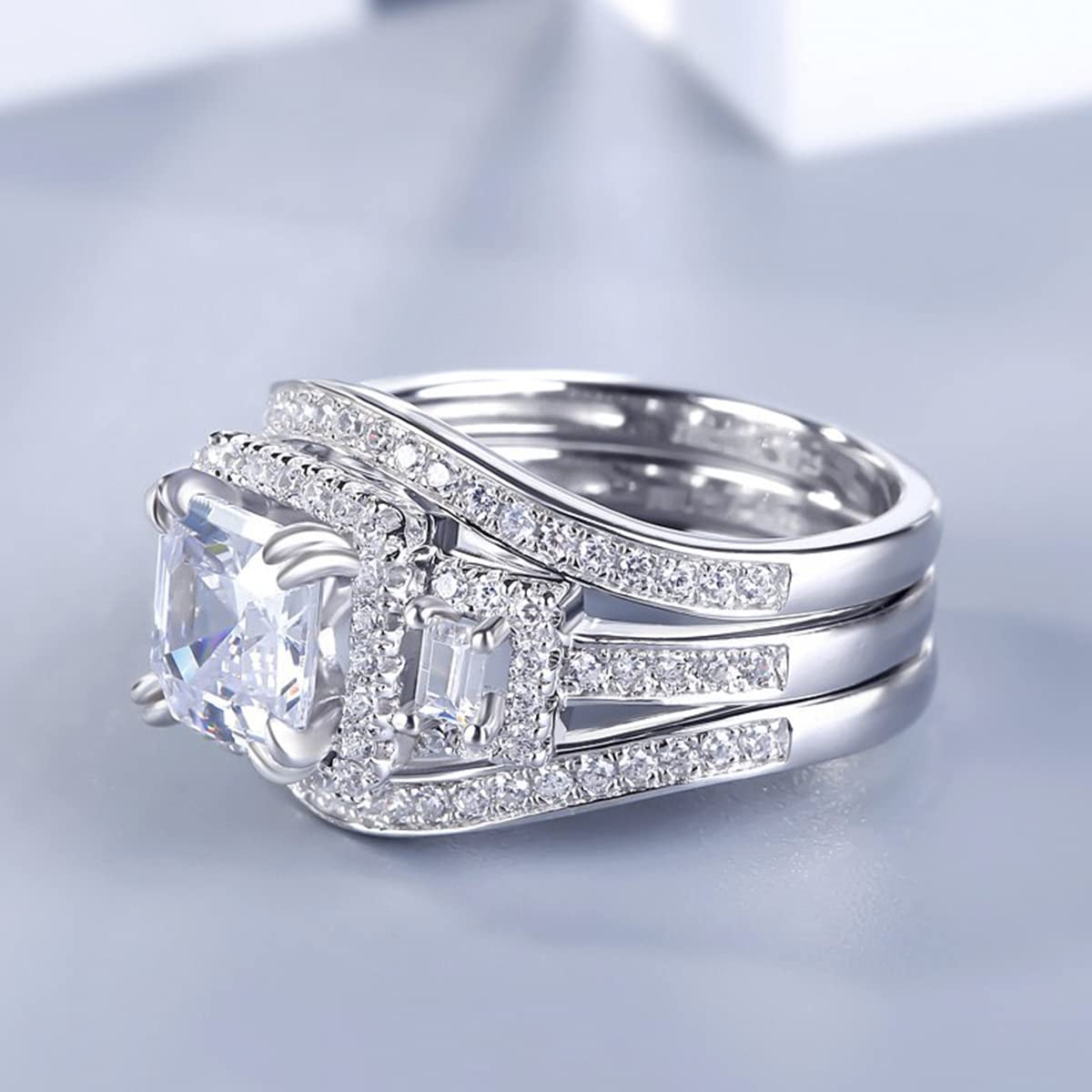Jeulia 3 Carat Diamond Band Ring - 14K Gold & Sterling Silver Three Stone Bridal Set, Classic Dainty Halo Wedding Promise Ring for Anniversary - Jewelry Gift Box Included | Perfect for Engagement, Proposal & Special Occasions