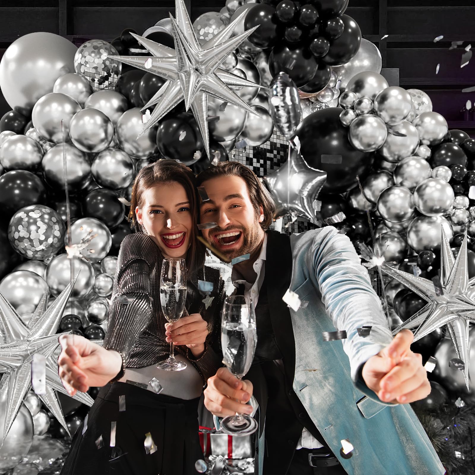 FOTIOMRG Black & Silver Balloon Garland Arch Kit - 3pcs Star Balloons Included | Metallic Party Decor for Birthday, Graduation, Baby Shower, Disco & New Year Celebrations | Perfect for Indoor & Outdoor Event Decorations