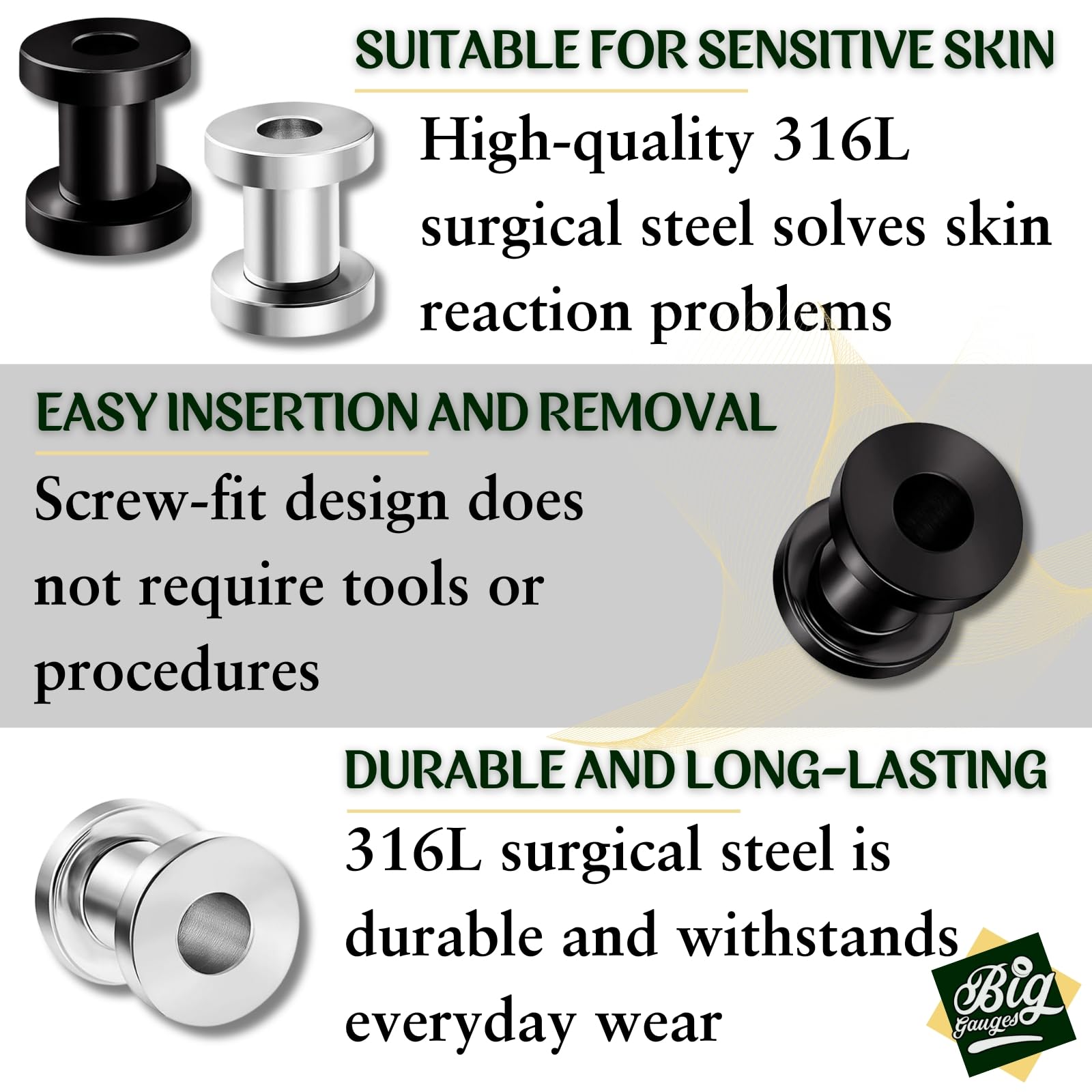 2 Pairs 316L Surgical Steel Screw Tunnels - Black Anodized Ear Stretching Plugs for Gauged Ears | Body Jewelry for Men & Women | Perfect for Daily Wear, Parties & Alternative Fashion