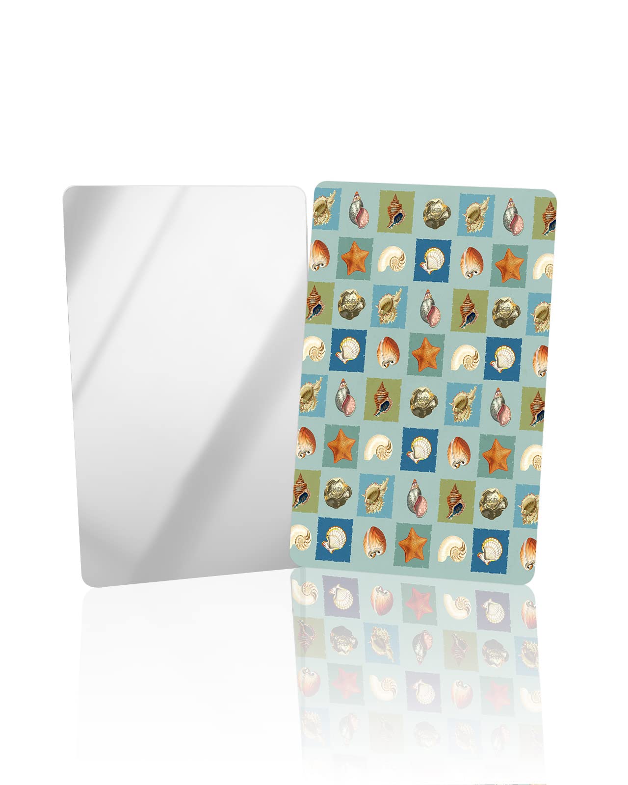 OComster 2-Pack Shell Conch Starfish Compact Mirror Set - Watercolor Plaid Green Blue Summer Design, Rectangular Handheld Pocket Makeup Mirror for Purse | Perfect for Travel, Beach Trips & Everyday Makeup Touch-Ups