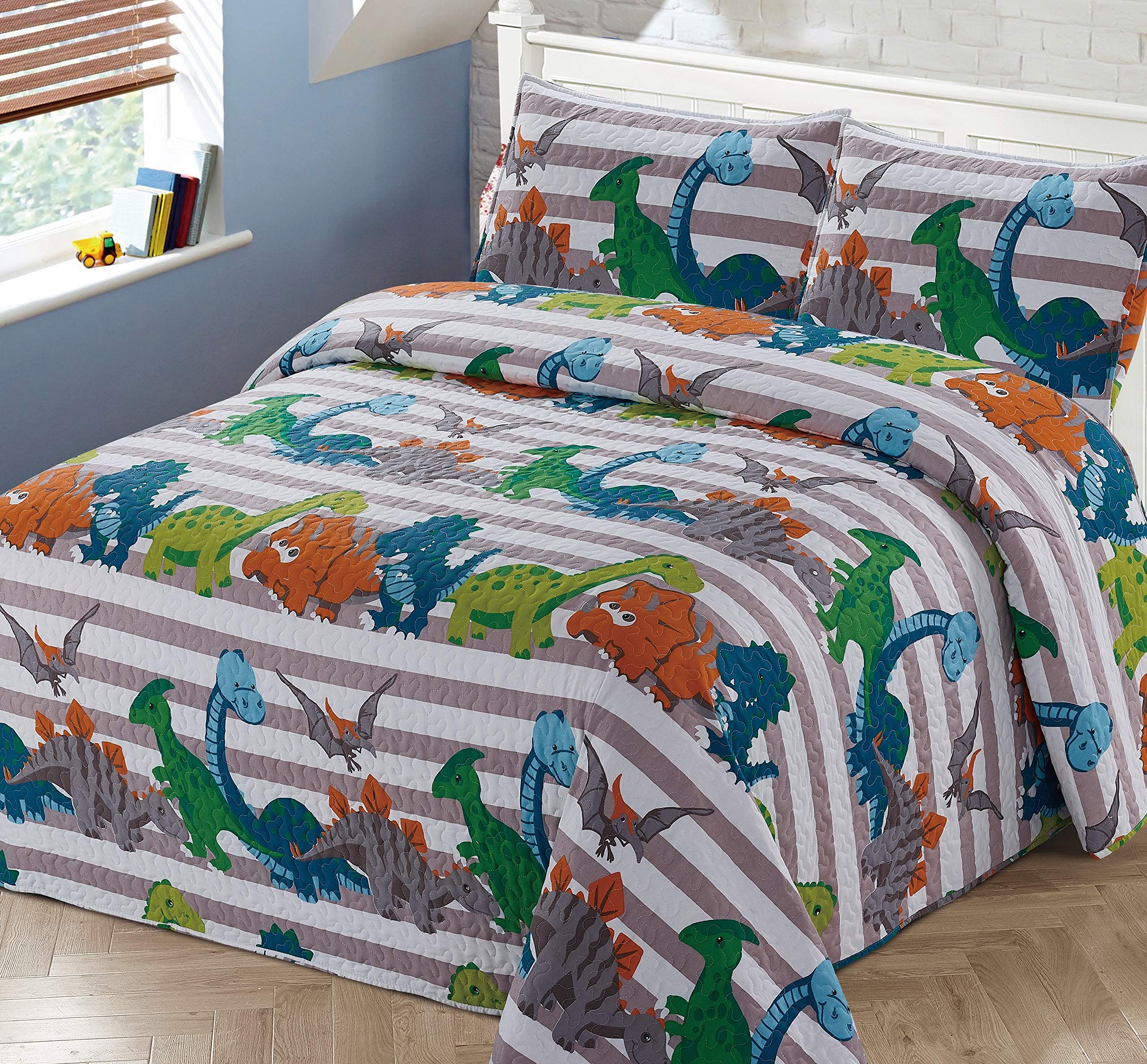3-Piece Full/Queen Size Kids Bedspread Coverlet Quilt Set - Multi-Color Dinosaur Stripes in Grey, Orange, White, Green & Blue | Perfect for Boys' Bedroom Decor, Nursery, or Playroom