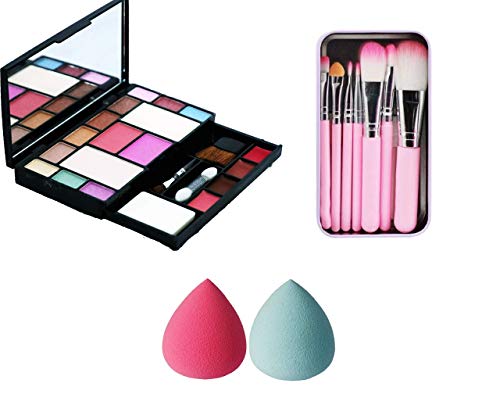 AVEU 6171 Professional Makeup Kit with 7Pcs Makeup Brushes & 2Pcs Puff Sponge - Pink Cosmetic Set for Eyeshadow Blending, Foundation Application & Contouring | Perfect for Travel, Home & Professional Makeup Artists