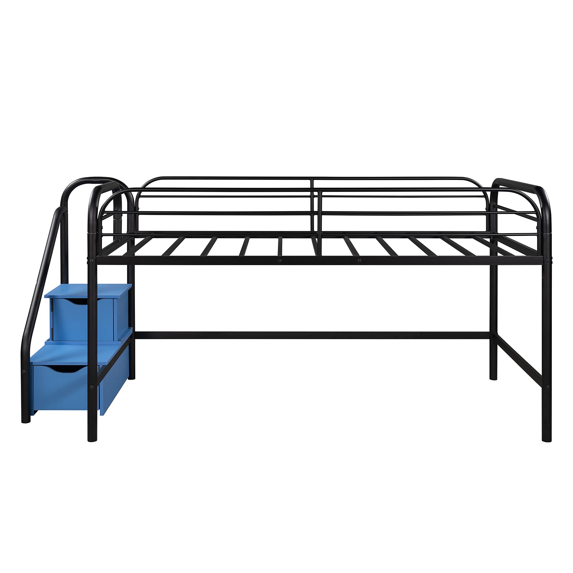 Low Profile Twin Metal Bed Frame with 2 Storage Steps - No Box Spring Required - Black & Blue - Perfect for Small Spaces & Kids' Rooms