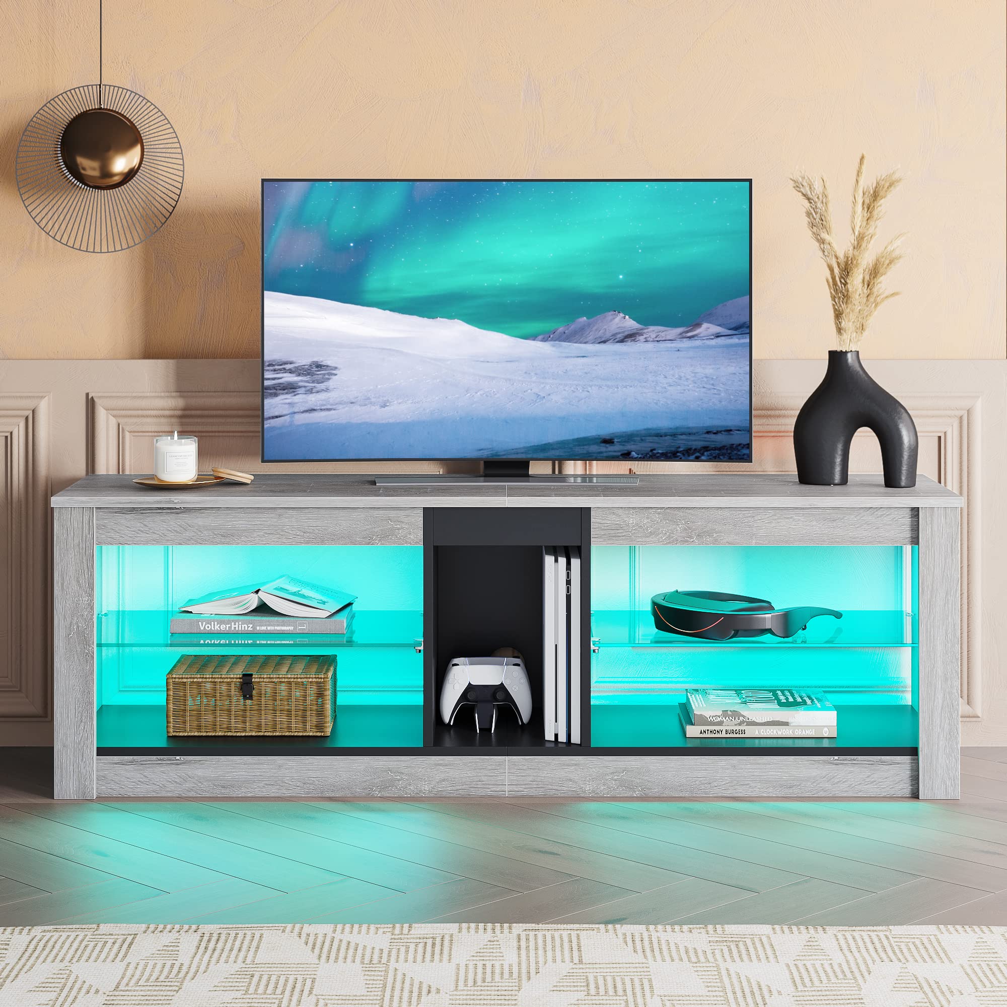 Bestier RGB LED TV Stand for 65+ Inch TVs - Gaming Entertainment Center with 2 Tempered Glass Shelves - Modern Media Console Table for PS5, Xbox & Living Room - Retro Gray TV Cabinet for Home Theater & Gaming Setup