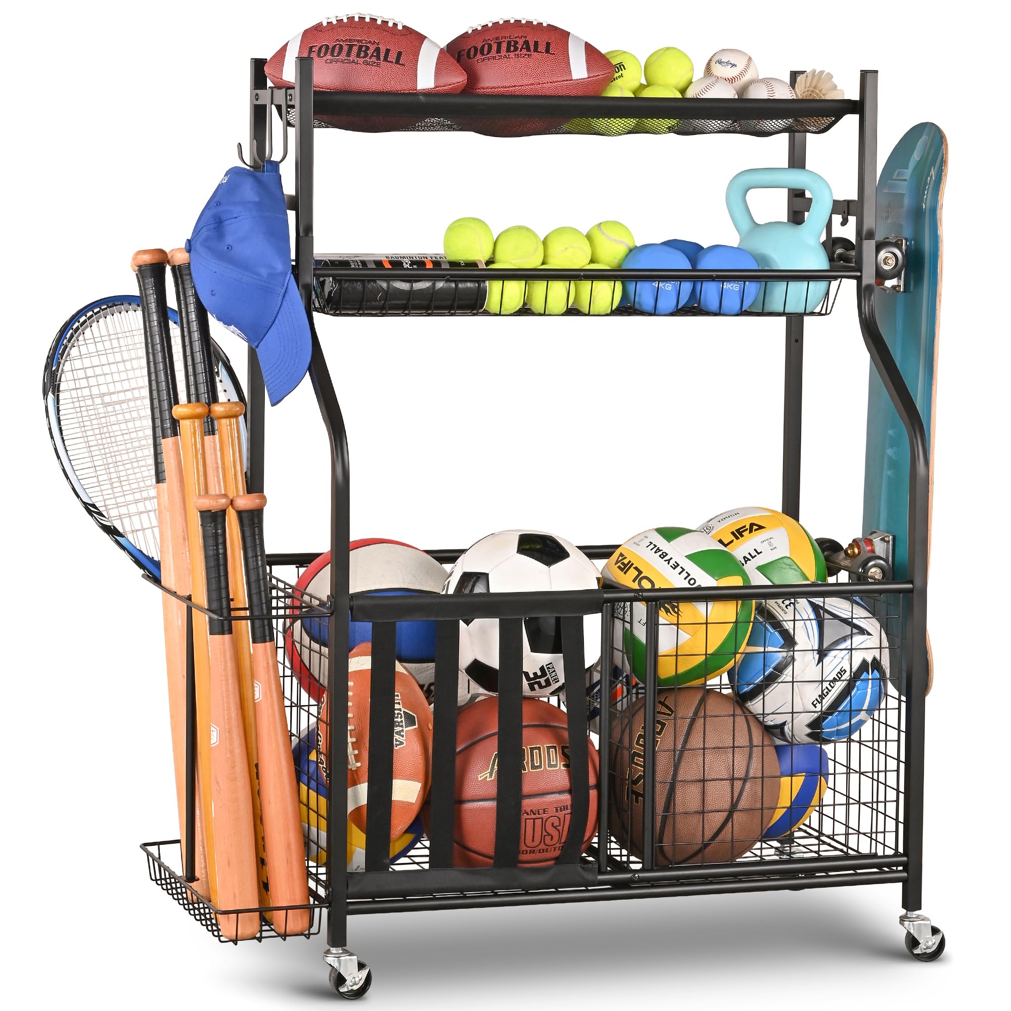 PLKOW Garage Sports Equipment Storage Organizer - Ball Storage Rack with Basket & Hooks for Basketball, Soccer, Baseball Gear - Perfect for Garage, Basement, Playroom Organization (Black)