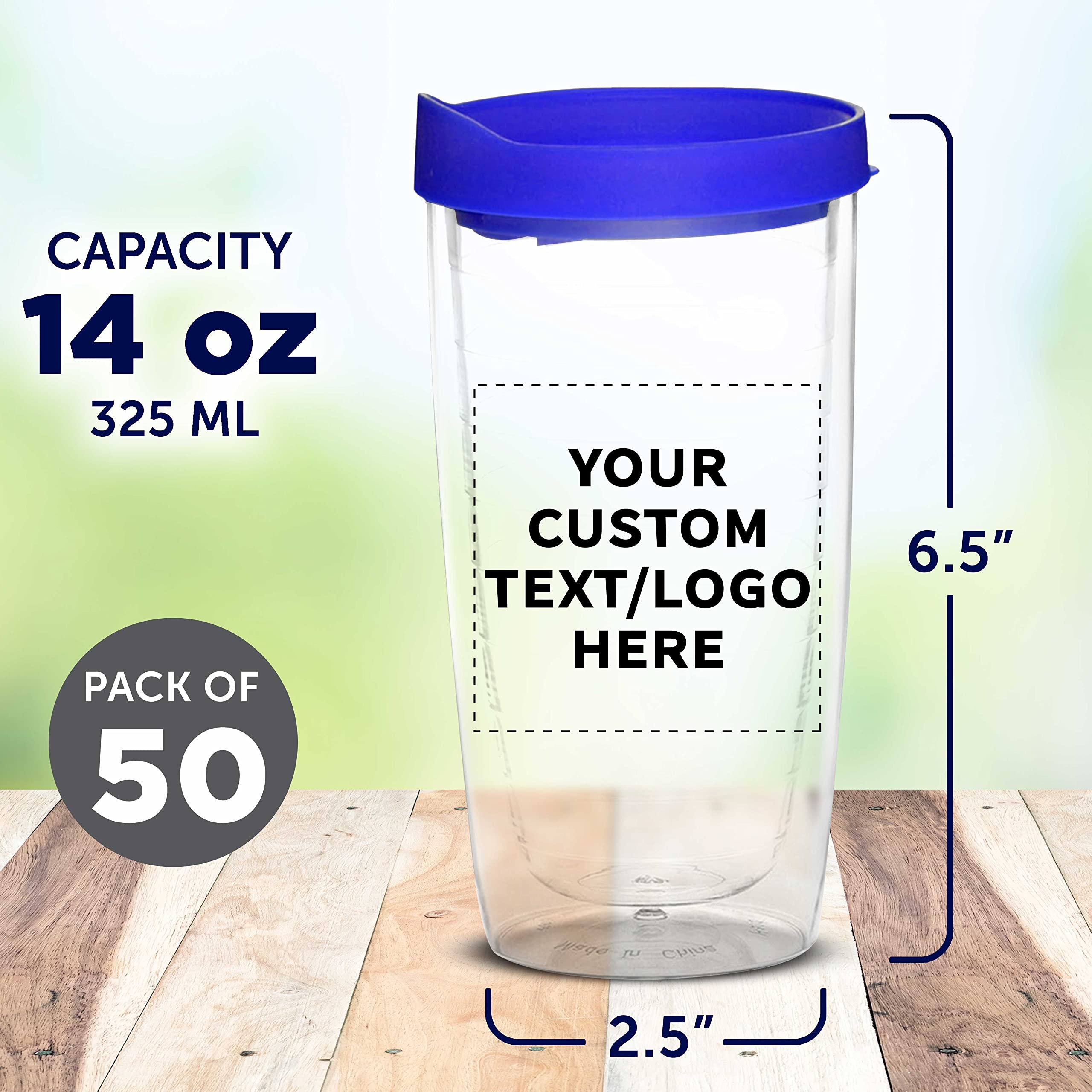 Custom 14 oz Double Wall Plastic Tumblers with Slid-lock Lid - 50 Pack, Personalized Text & Logo - Insulated Travel Coffee Cups for Office, Camping & Outdoor - Blue