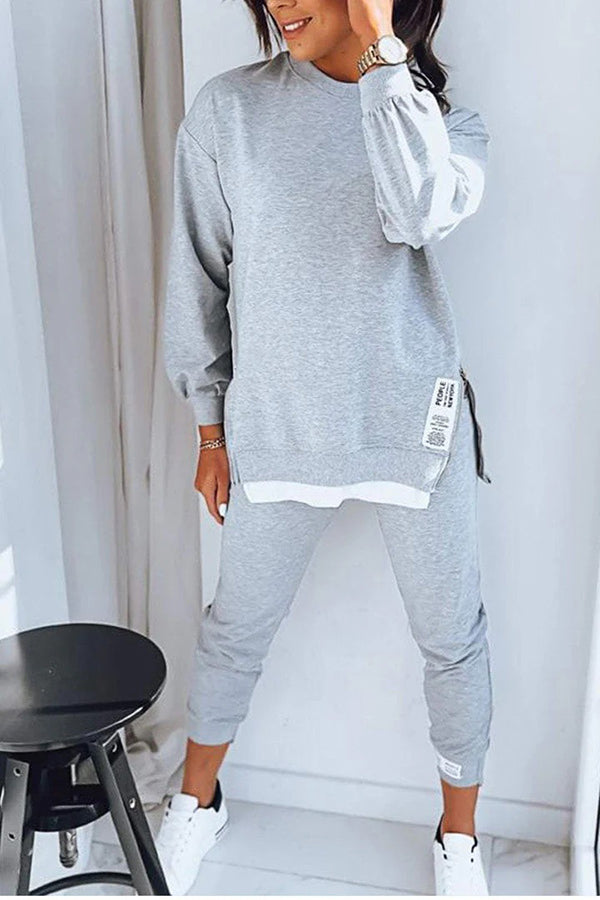 Solid Color Round Neck Long Sleeve Sweatshirt & Elastic Waist Pants Set - Women's Casual Loungewear for Home, Yoga, and Everyday Wear