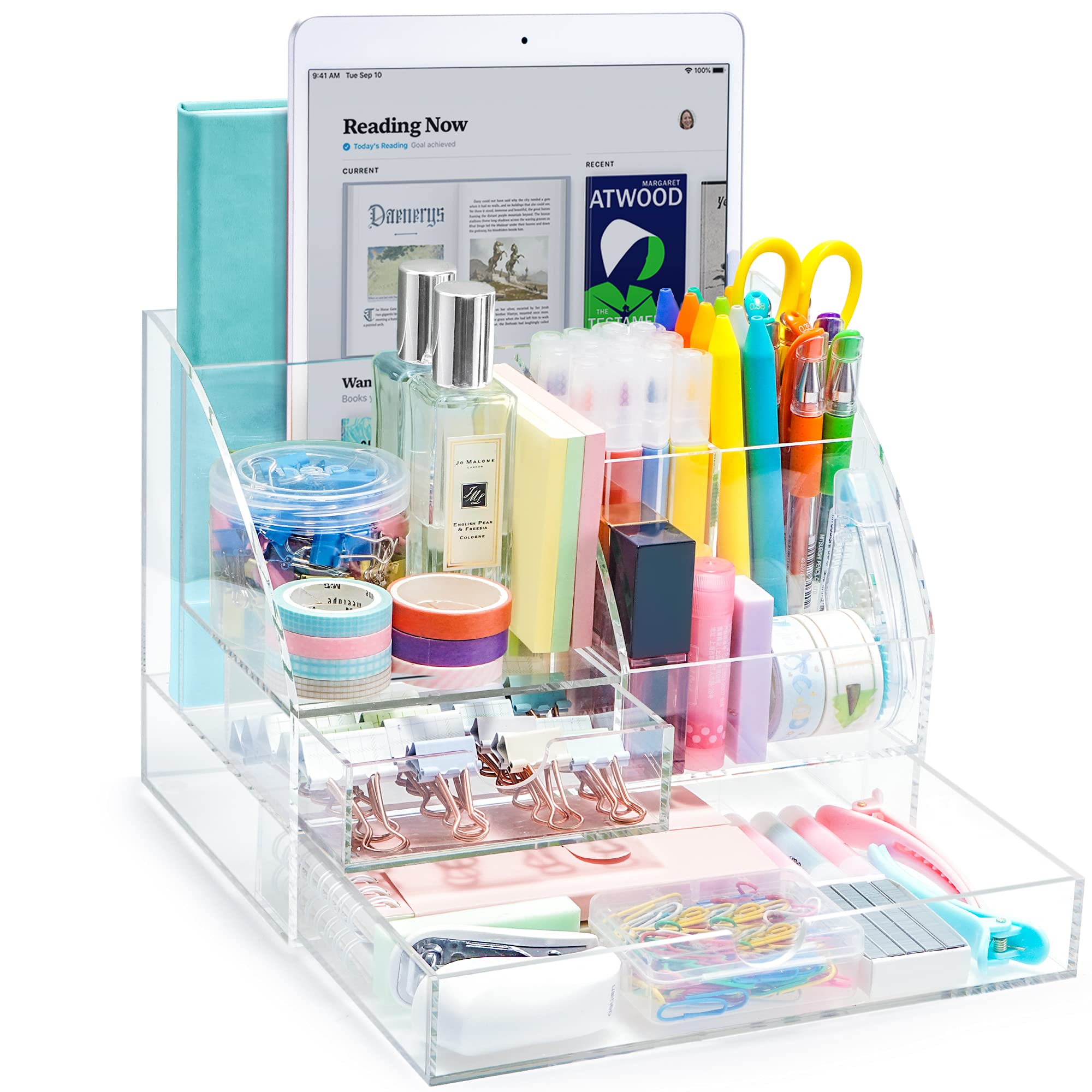 Clear Acrylic Desk Organizer with 5 Compartments & 2 Sliding Drawers - ARCOBIS Office Stationery Pen Holder for Desk, Home, School - Perfect for Organizing Pens, Paper Clips, Sticky Notes & Office Supplies