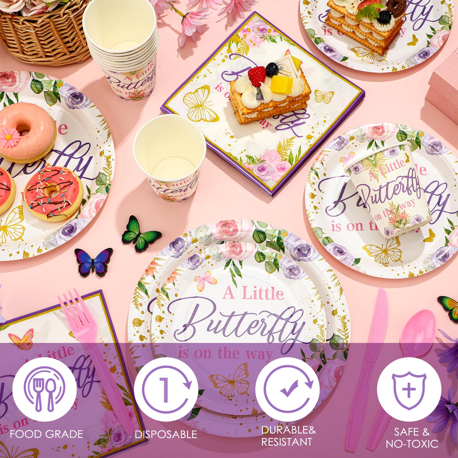 350-Piece Baby Shower Party Tableware Set - Disposable Plates, Cups, Forks, Knives & Napkins for 50 Guests - Butterfly Purple Theme - Perfect for Baby Showers, Birthday Parties & Family Gatherings