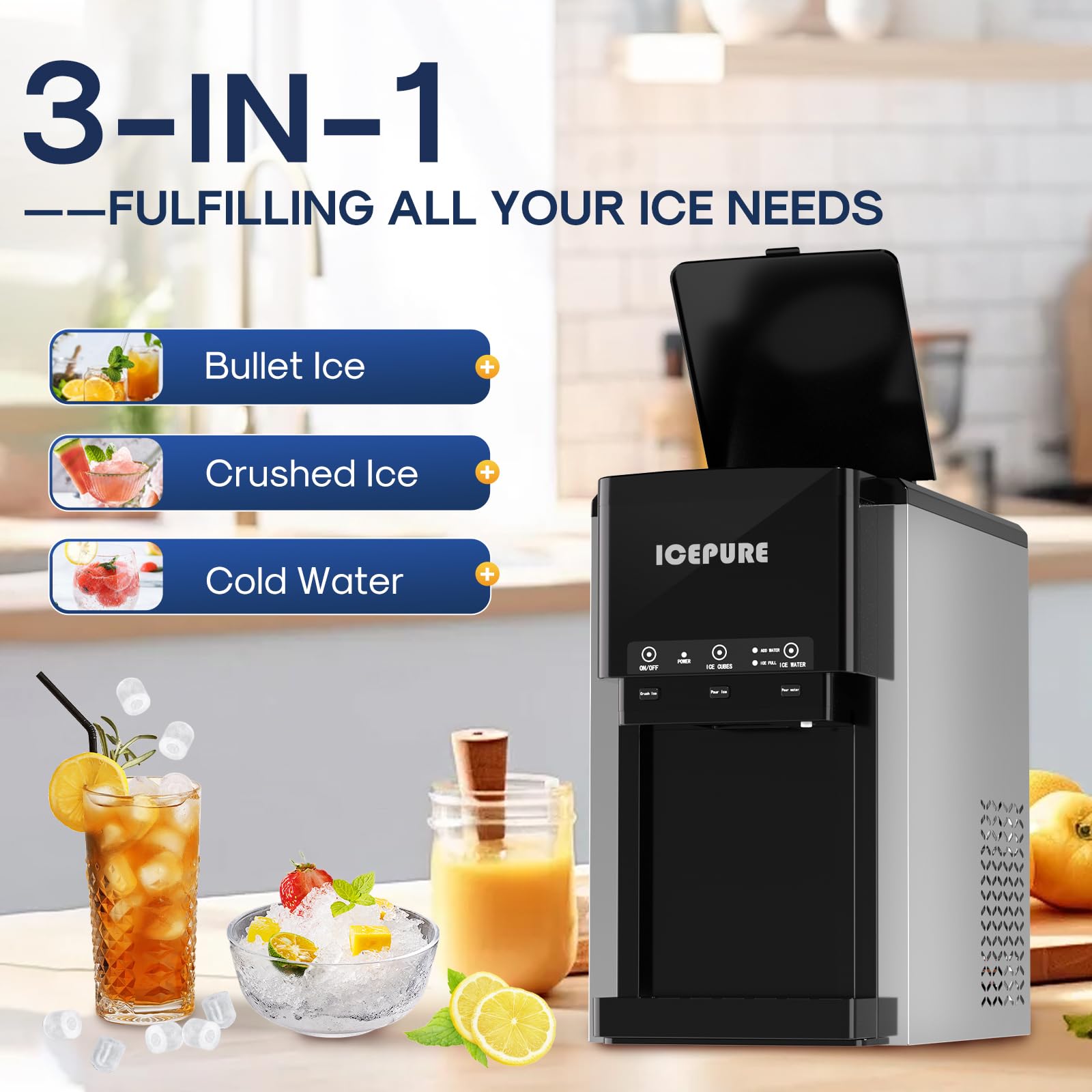 ICEPURE 3-in-1 Countertop Water Cooler with Ice Maker | Bullet & Crushed Ice Machine | Cold & Room Temperature Water Dispenser | 42 lbs/Day Capacity | Manual/Auto Water Refill | Perfect for Home, Office, Kitchen, or Outdoor Use