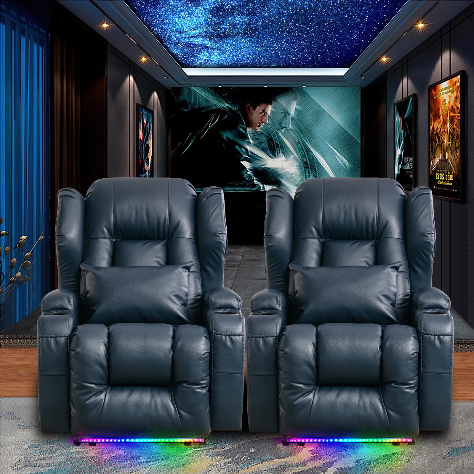 2PC Power Recliner Chair Set with Massage, Heat & LED Lights - Home Theater Seating, Living Room Reclining Sofa with Cup Holder & USB Charger | Perfect for Movie Nights, Gaming & Relaxation